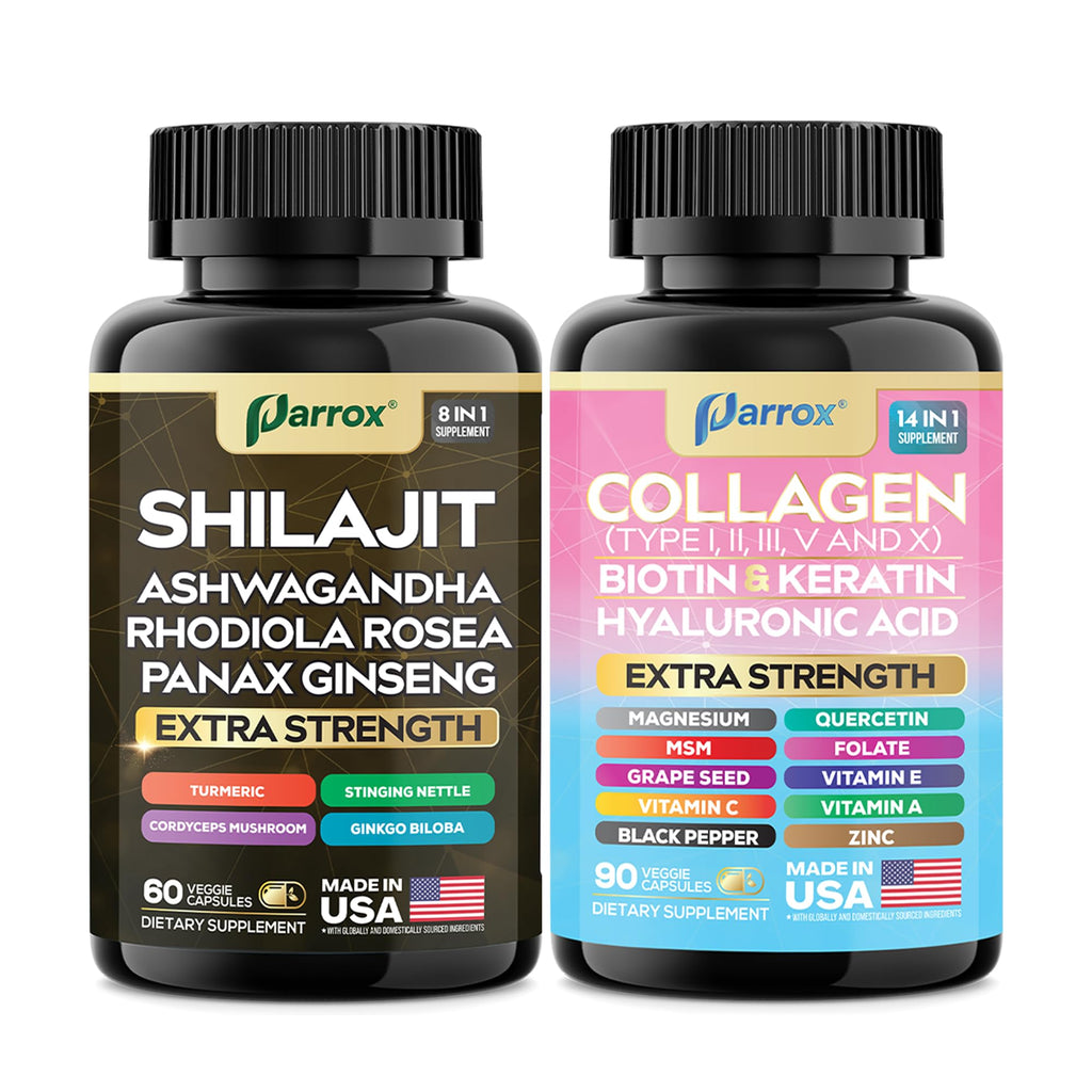 Parrox Adaptogen & Beauty Bundle – Rhodiola, Panax Ginseng, Ashwagandha, Cordyceps, Turmeric, Collagen, Biotin, Keratin, MSM, Hyaluronic Acid, Zinc, Quercetin, Vitamin C, A & E, Folate, Magnesium