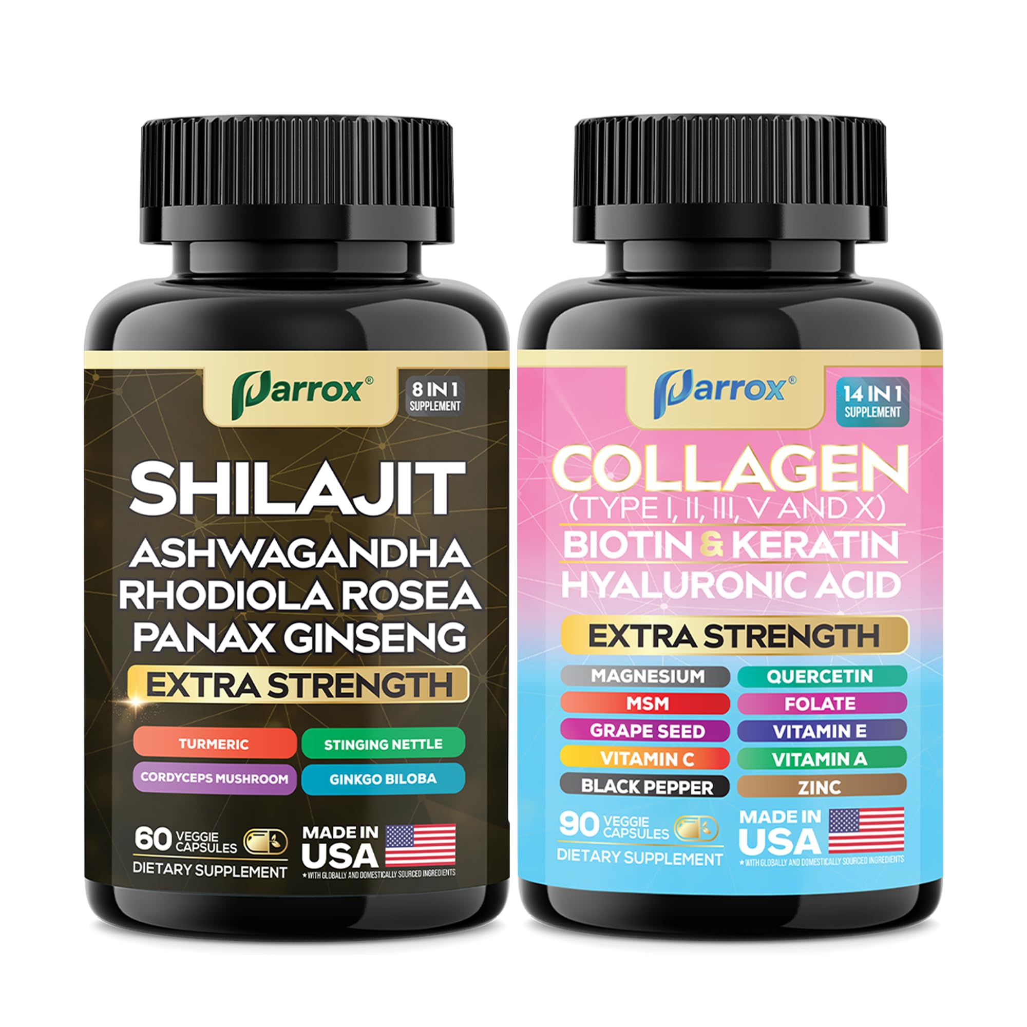 Parrox Adaptogen & Beauty Bundle – Rhodiola, Panax Ginseng, Ashwagandha, Cordyceps, Turmeric, Collagen, Biotin, Keratin, MSM, Hyaluronic Acid, Zinc, Quercetin, Vitamin C, A & E, Folate, Magnesium