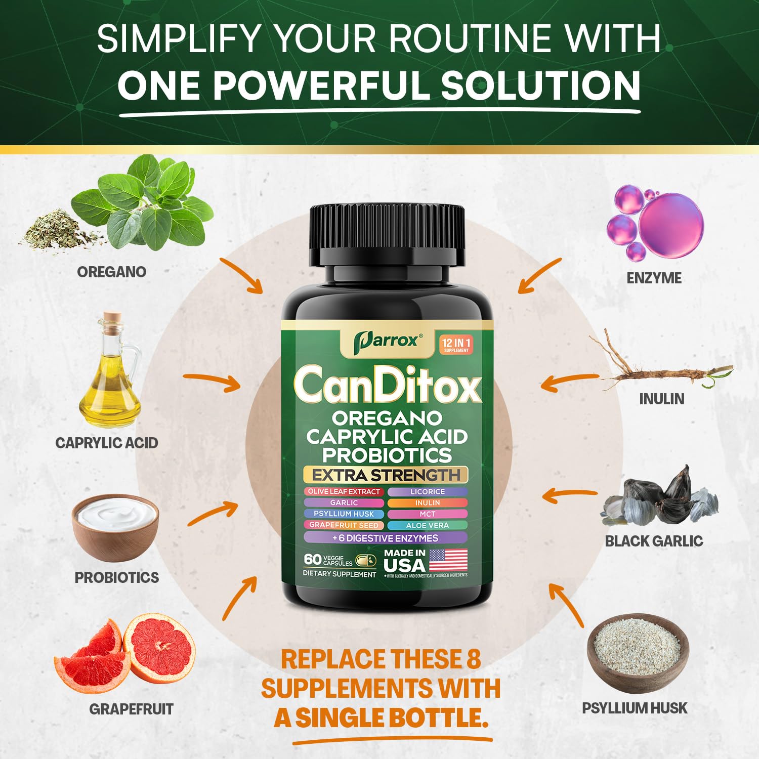 Parrox CanDitox Capsules - Oregano, Garlic, Probiotics & Digestive Enzymes (3 Pack)