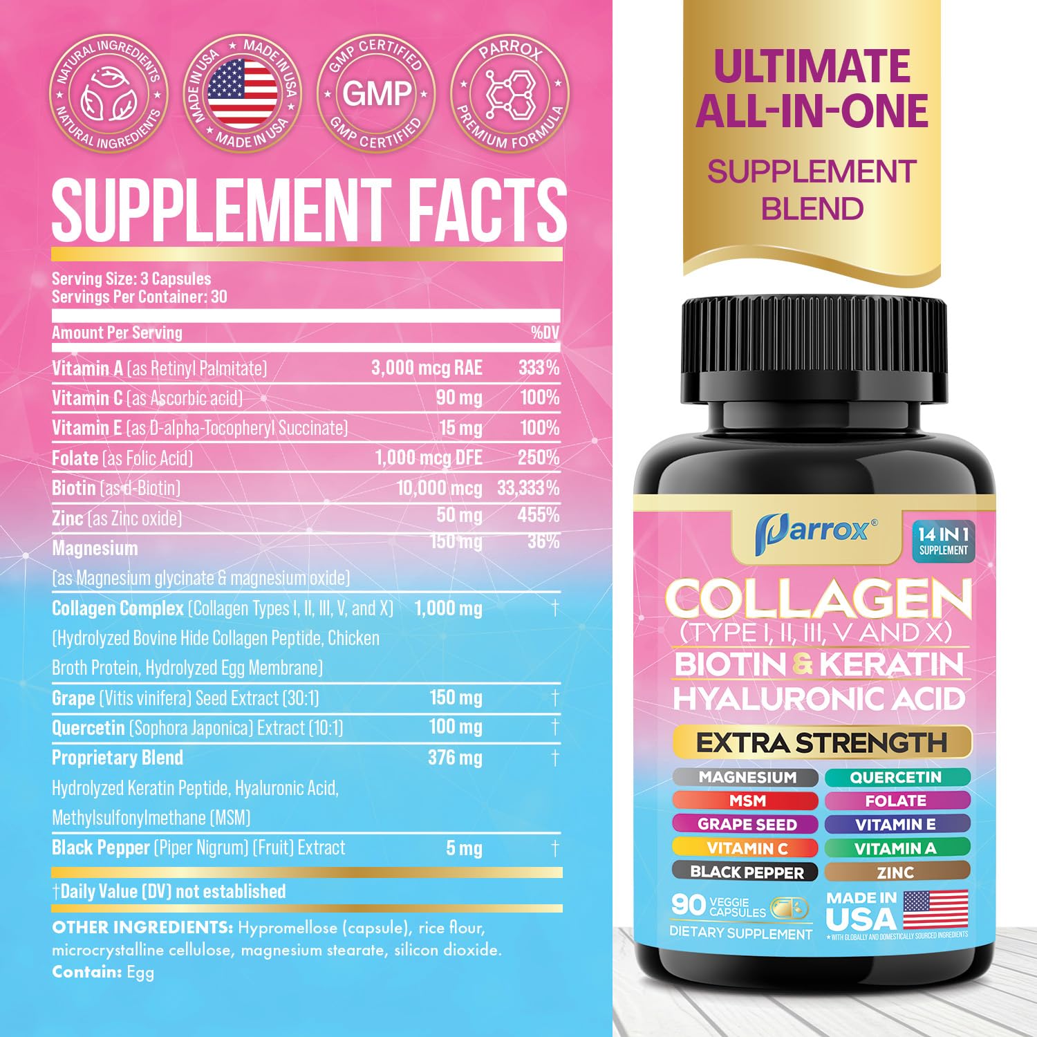 Parrox 14-in-1 Collagen 3-Pack with Biotin & Hyaluronic Acid