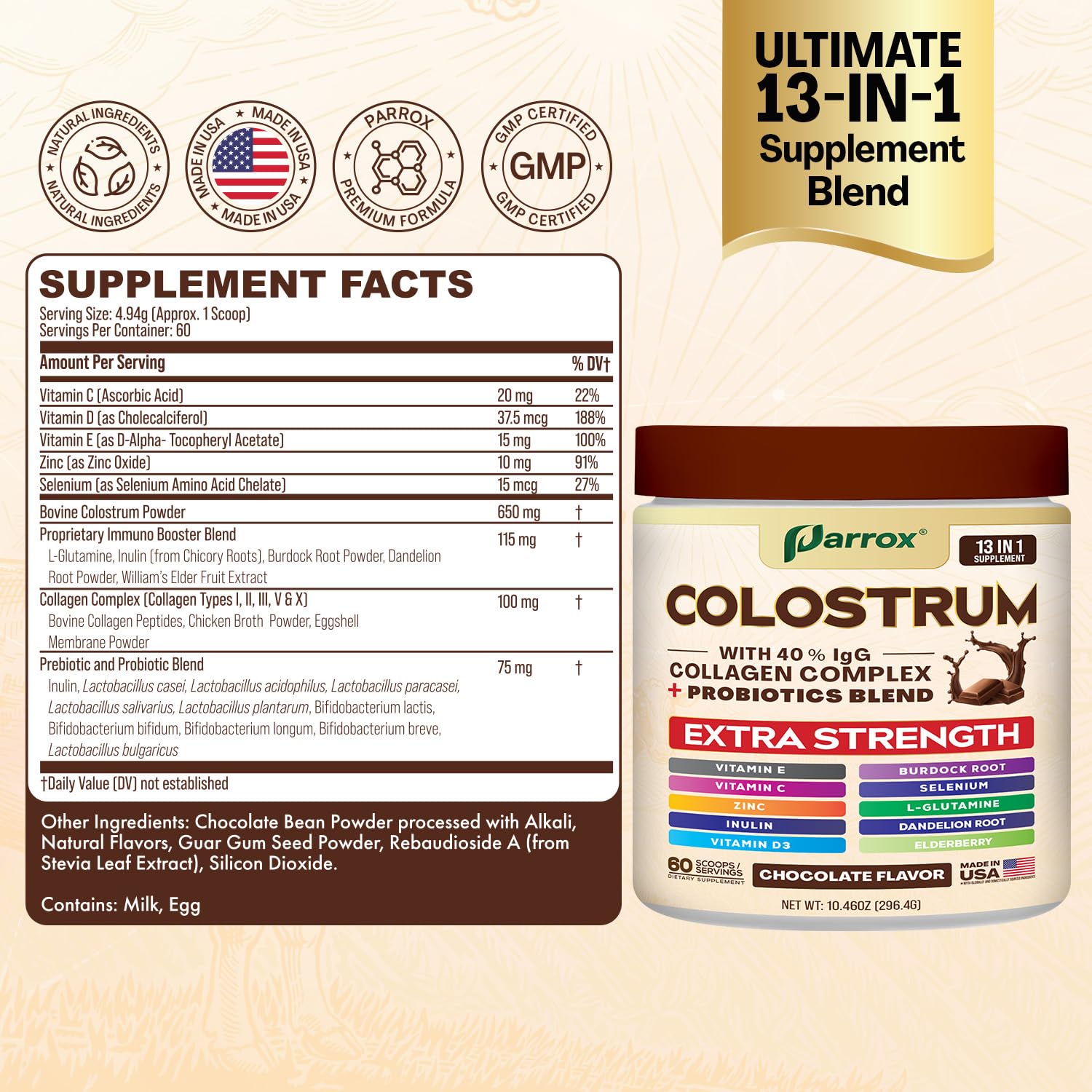 Parrox Colostrum Powder 40% IgG – 60 Servings (Chocolate) | Probiotics, Collagen & Vitamins
