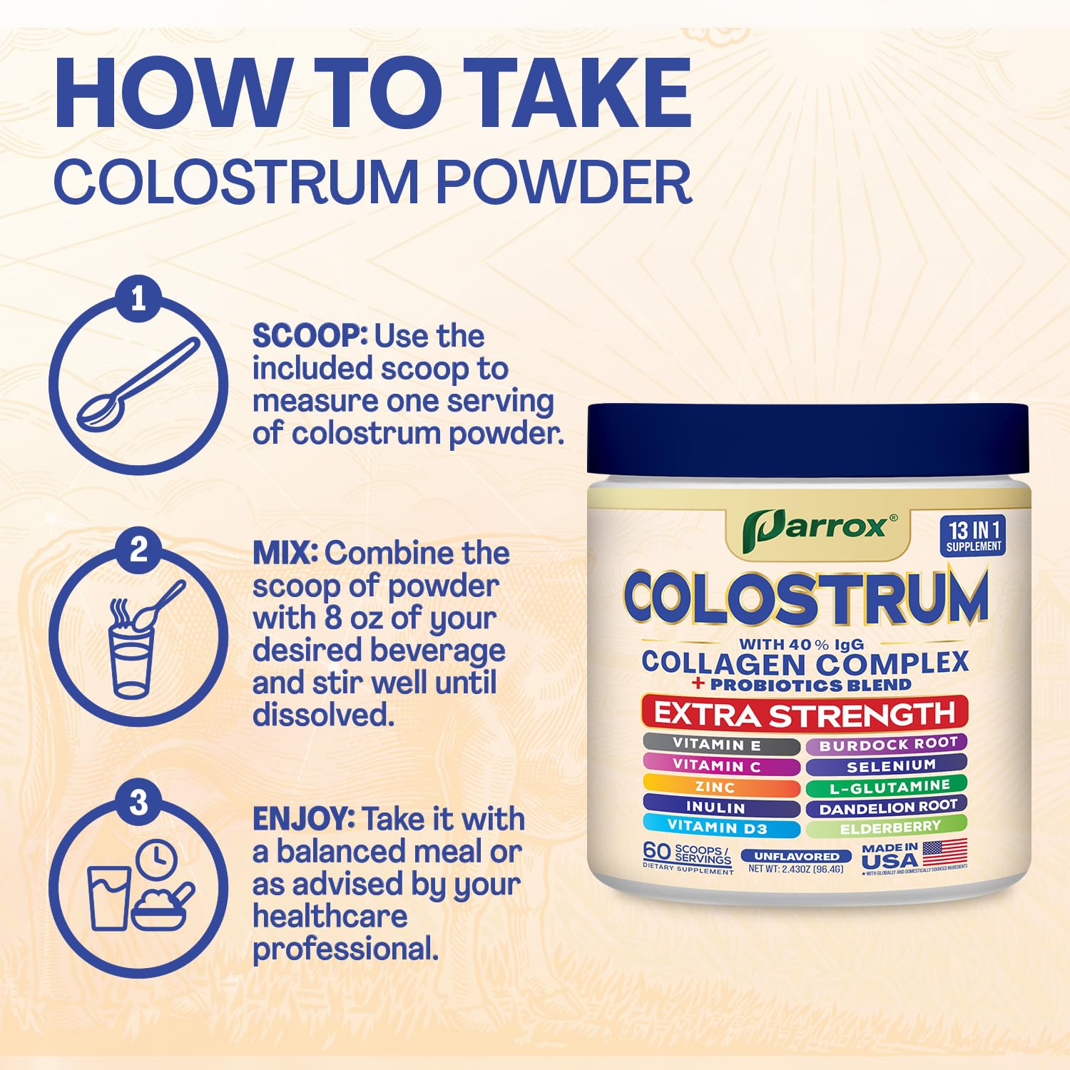 Parrox Colostrum Powder 40% IgG - 60 Servings, Unflavored