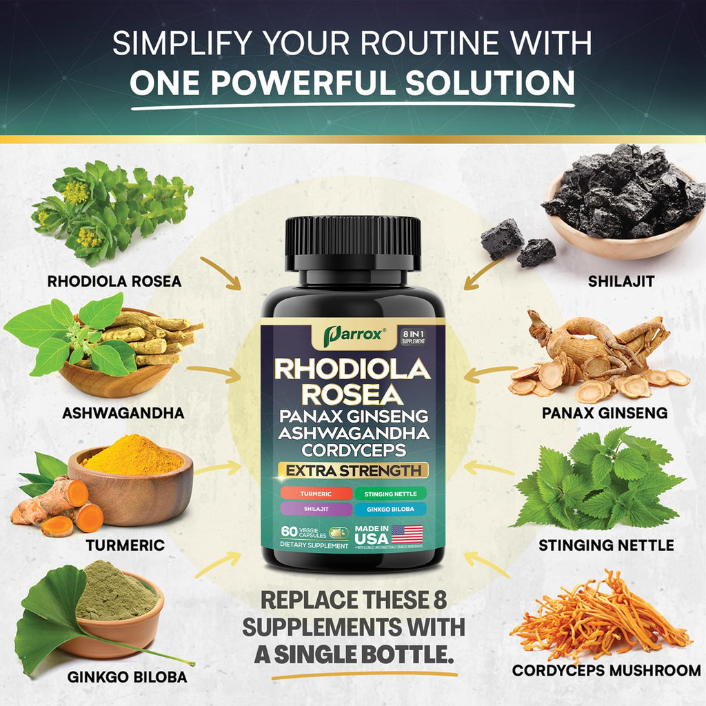 Parrox 8-in-1 Adaptogen Blend Capsules – Rhodiola, Ginseng, Ashwagandha, Turmeric | 3 Pack