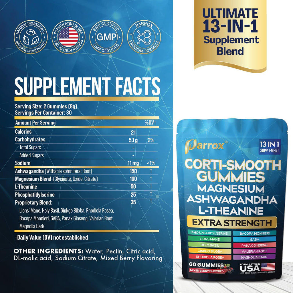 Parrox Corti-Smooth Gummies – Cortisol Support with Magnesium & Adaptogens | 60 Mixed Berry Gummies