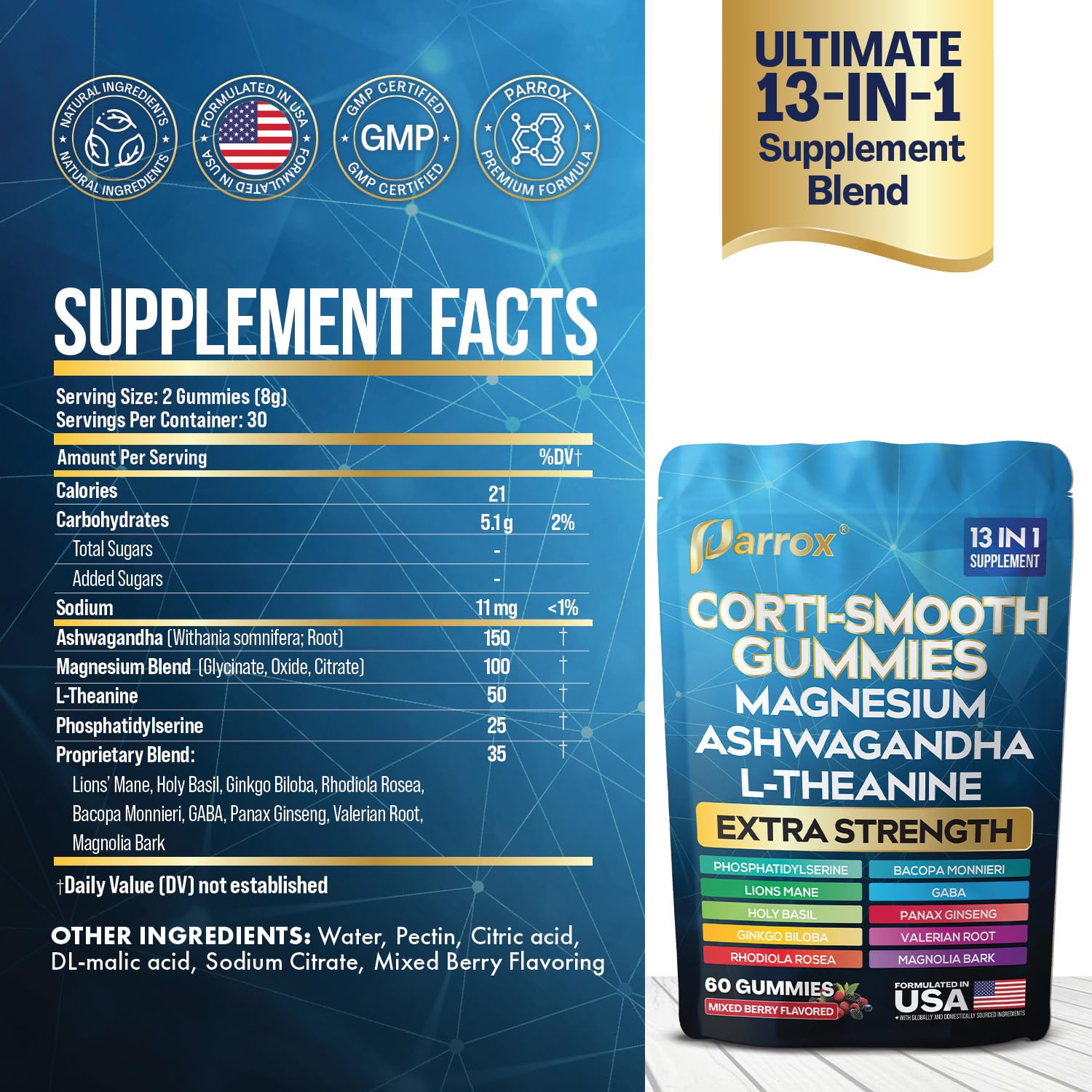 Parrox Corti-Smooth Gummies – Cortisol Support with Magnesium & Adaptogens | 60 Mixed Berry Gummies