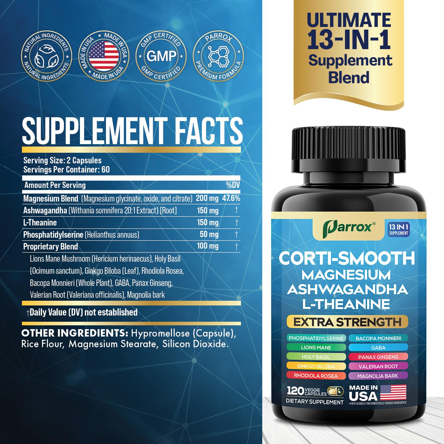 Parrox Corti-Smooth Cortisol Support Capsule – Magnesium, L-Theanine & Adaptogens (120 Caps)