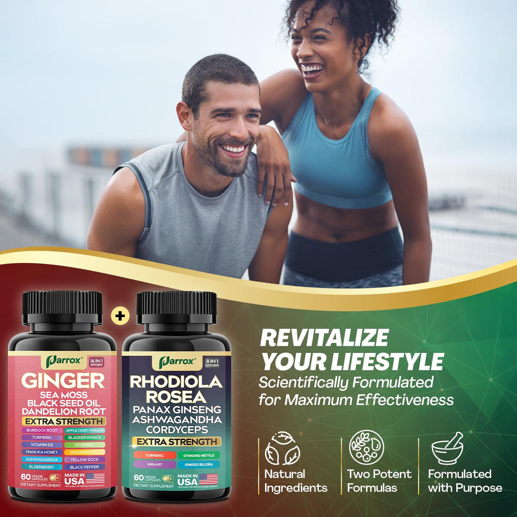 Parrox Dynamic Duo Herbal Bundle – Ginger & Rhodiola Capsules (3 Pack)