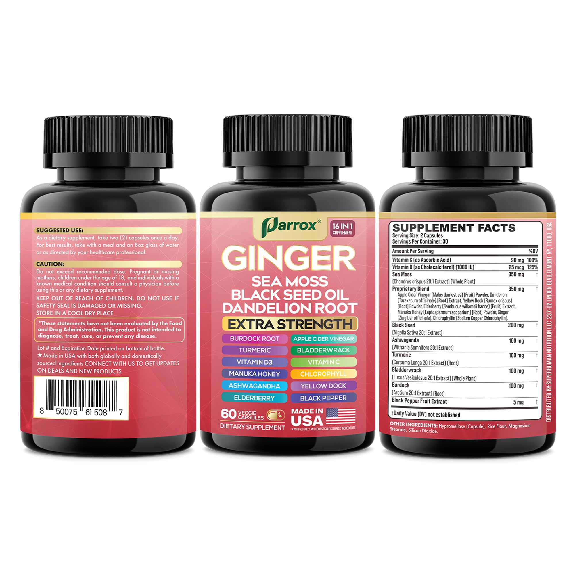 Parrox Ginger 16-in-1: Ginger, Turmeric, Sea Moss, Black Seed Oil – 60 Capsules