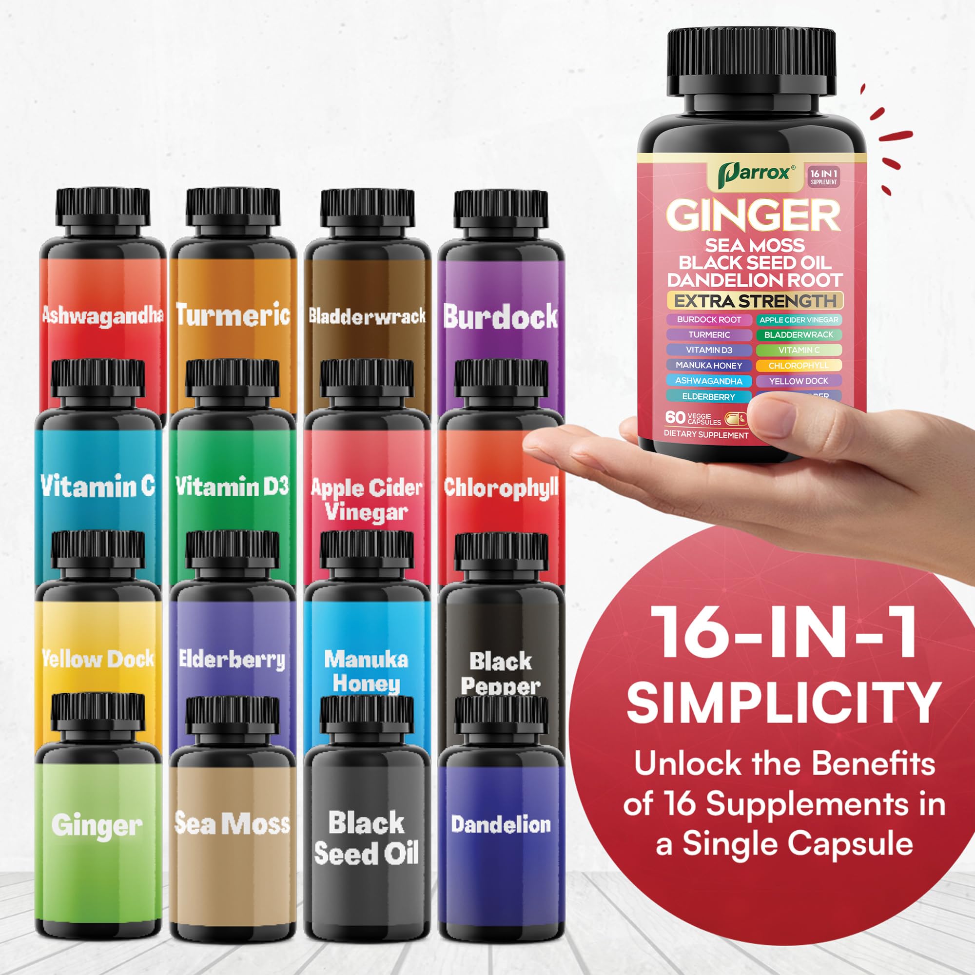 Parrox Ginger 16-in-1: Ginger, Turmeric, Sea Moss, Black Seed Oil – 60 Capsules