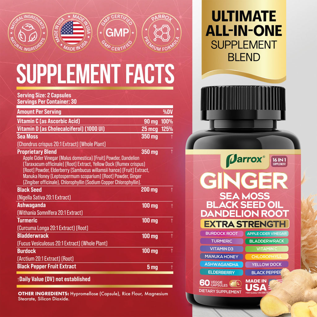 Parrox Ginger 16-in-1: Ginger, Turmeric, Sea Moss, Black Seed Oil – 60 Capsules