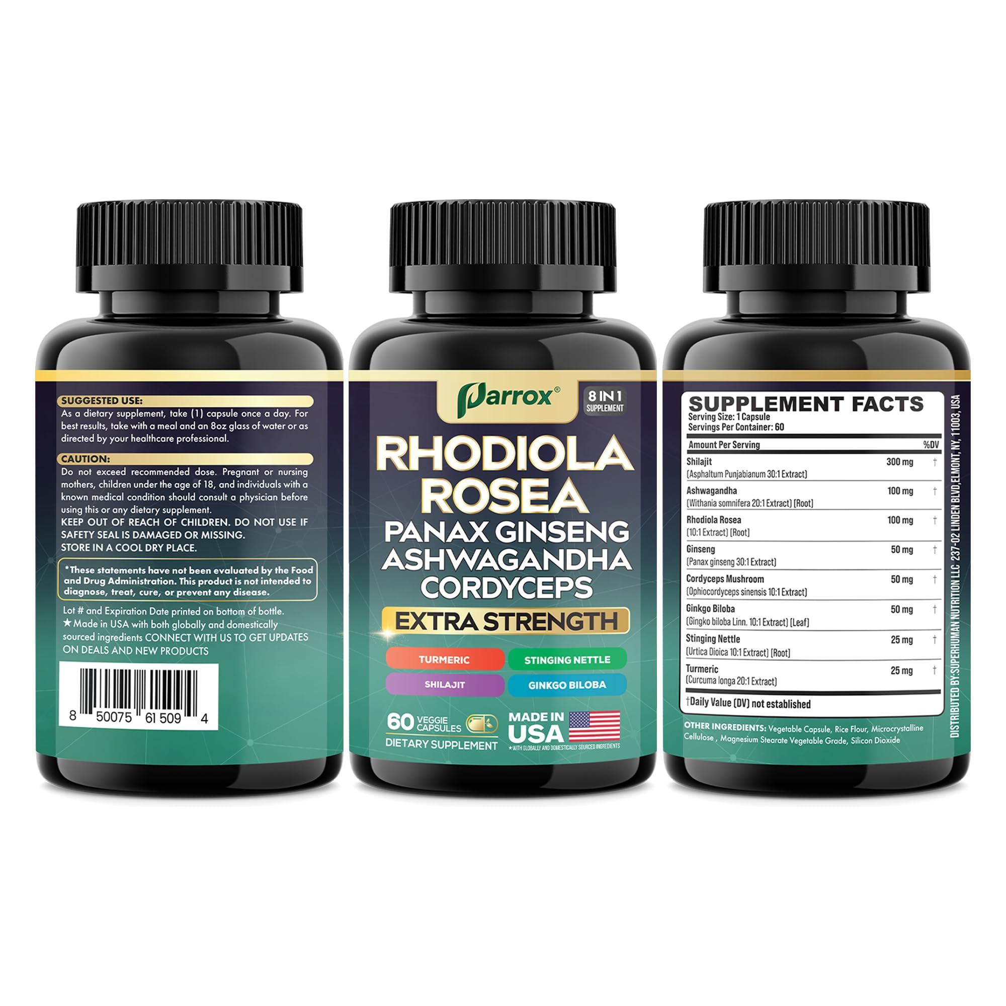 Parrox 8-in-1 Adaptogen Blend Capsules – Rhodiola, Ginseng, Ashwagandha, Turmeric | 3 Pack