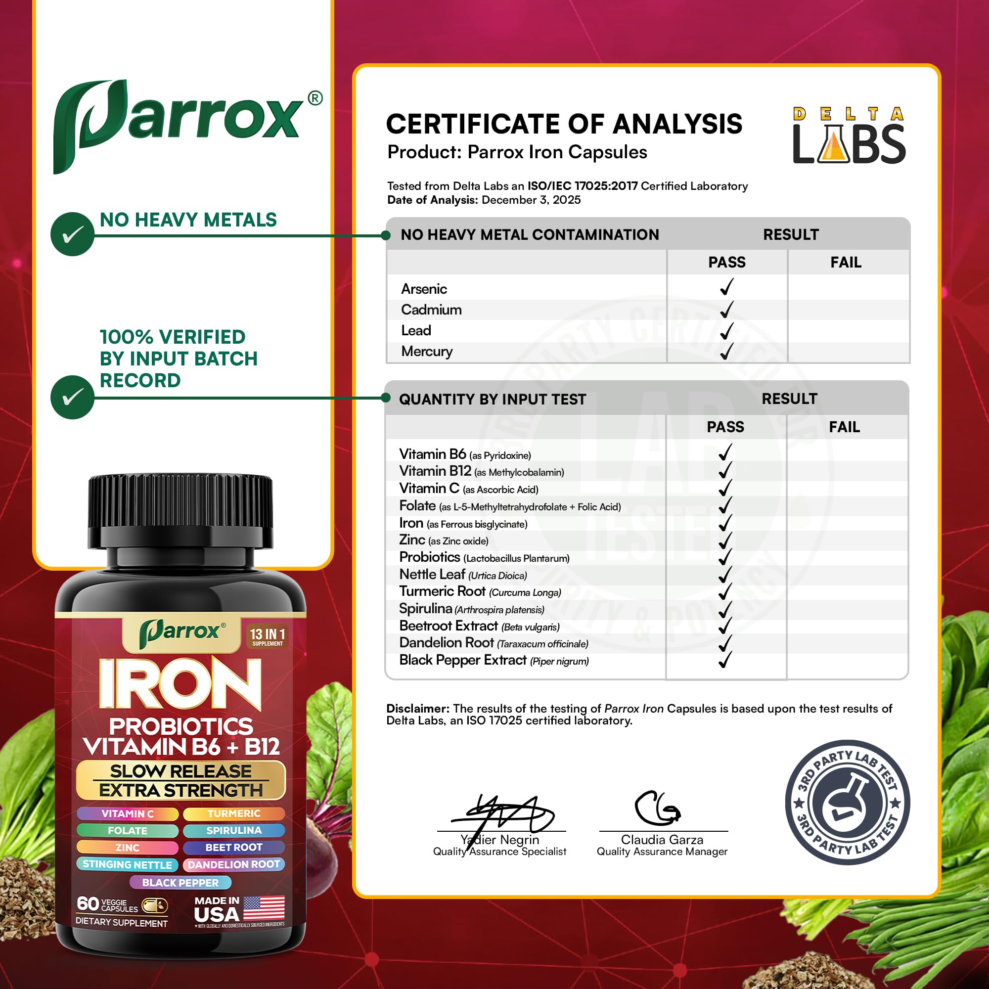 Parrox Elemental-Iron: Slow-Release Iron with Probiotics, Beetroot, Turmeric & B Vitamins – 2 Pack, 60 Capsules Each