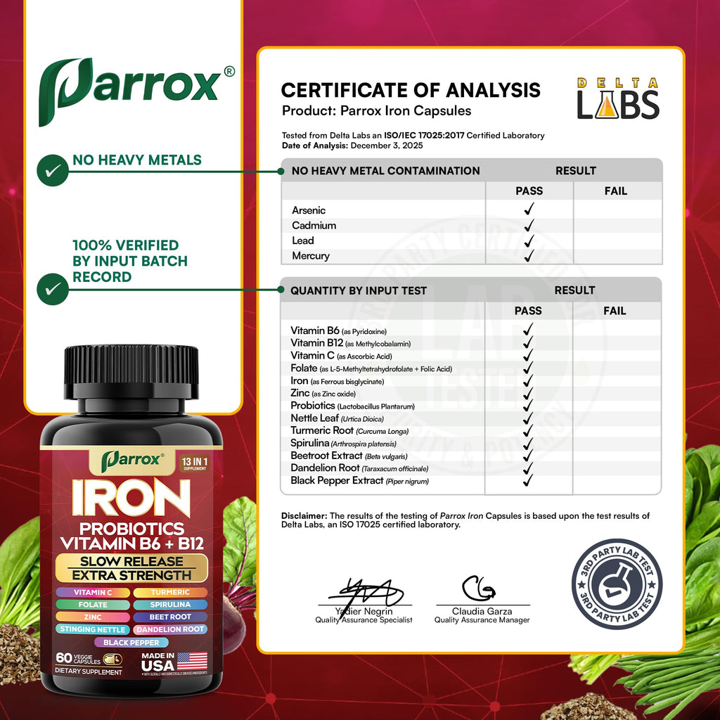 Parrox Elemental-Iron: Slow-Release Iron with Probiotics, Beetroot, Turmeric & B Vitamins – 2 Pack, 60 Capsules Each