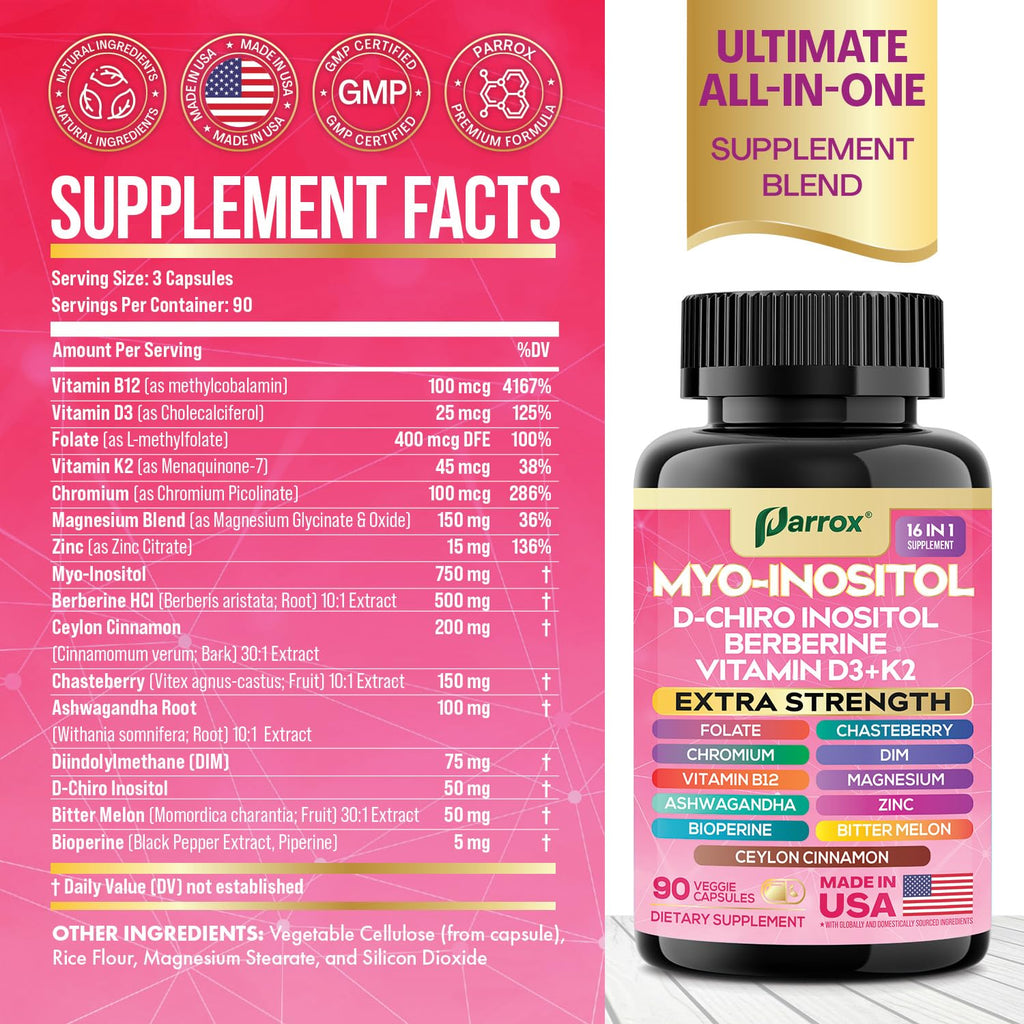 Parrox Myo-Inositol 16-in-1 Supplement – 2 Pack with D-Chiro Inositol, Berberine, D3 + K2