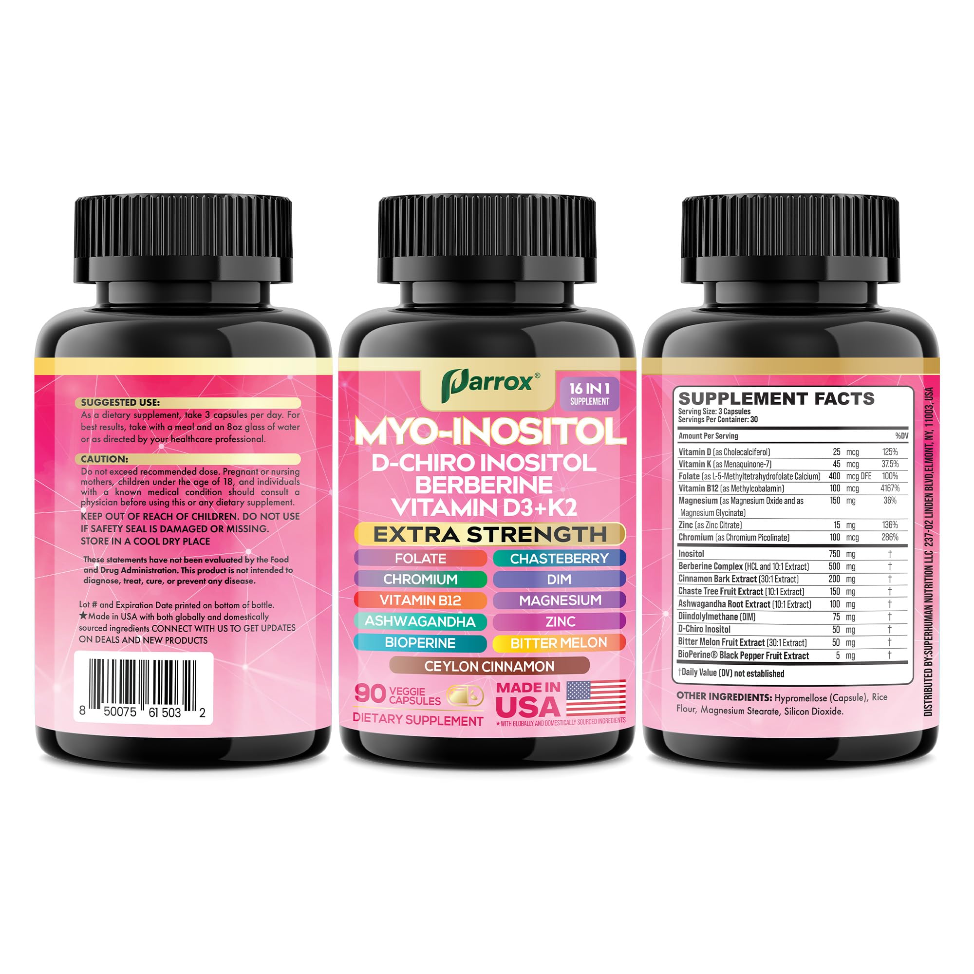 Parrox Myo-Inositol 16-in-1 Supplement | D-Chiro Inositol, DIM, Berberine, D3 + K2 | 3-Month Supply