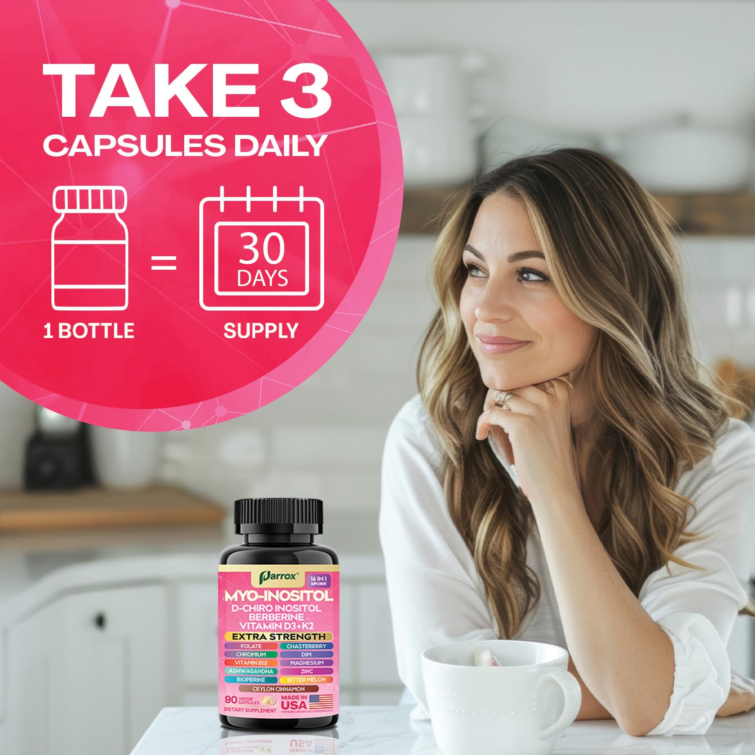 Parrox Myo-Inositol 16-in-1 Supplement | D-Chiro Inositol, DIM, Berberine, D3 + K2 | 3-Month Supply