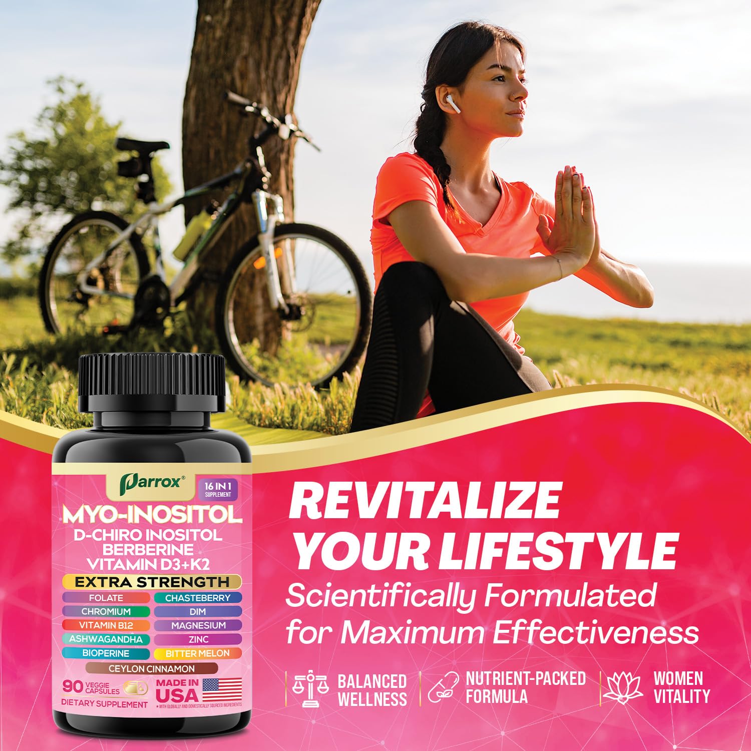 Parrox Myo-Inositol 16-in-1 Supplement | D-Chiro Inositol, DIM, Berberine, D3 + K2 | 3-Month Supply