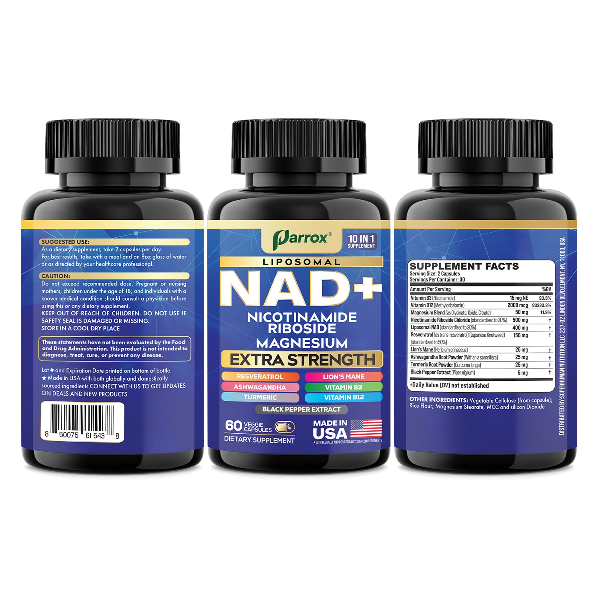 Parrox NAD+ 10-in-1 Supplement with Liposomal NAD+ - 2-Pack