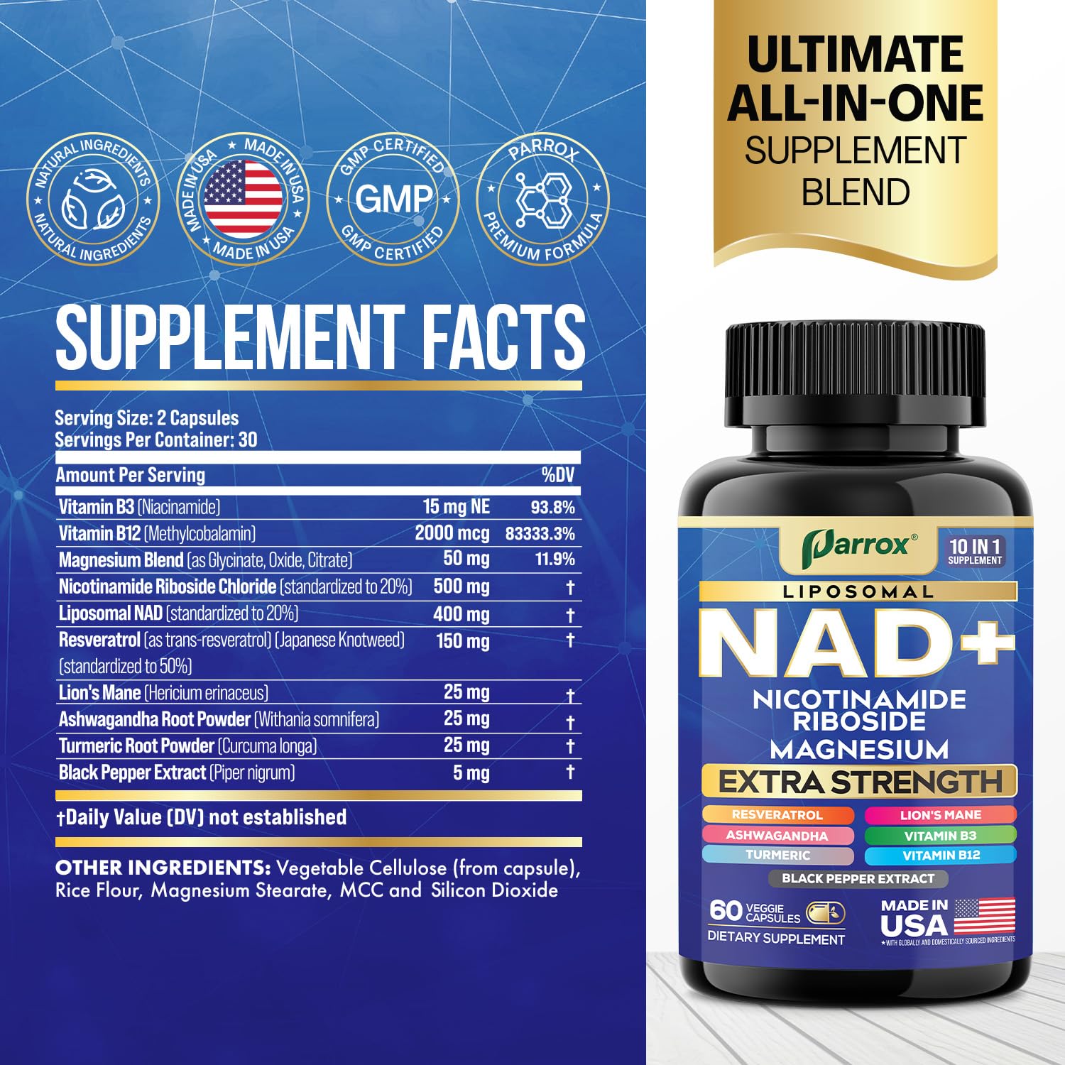 Parrox NAD+ 10-in-1 Supplement with Liposomal NAD+ - 2-Pack