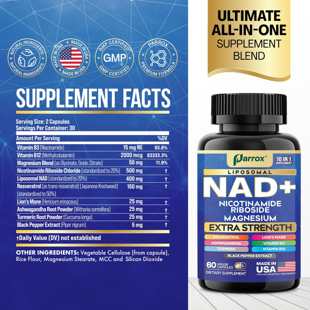 Parrox NAD+ 10-in-1 Supplement with Liposomal NAD+ - 2-Pack