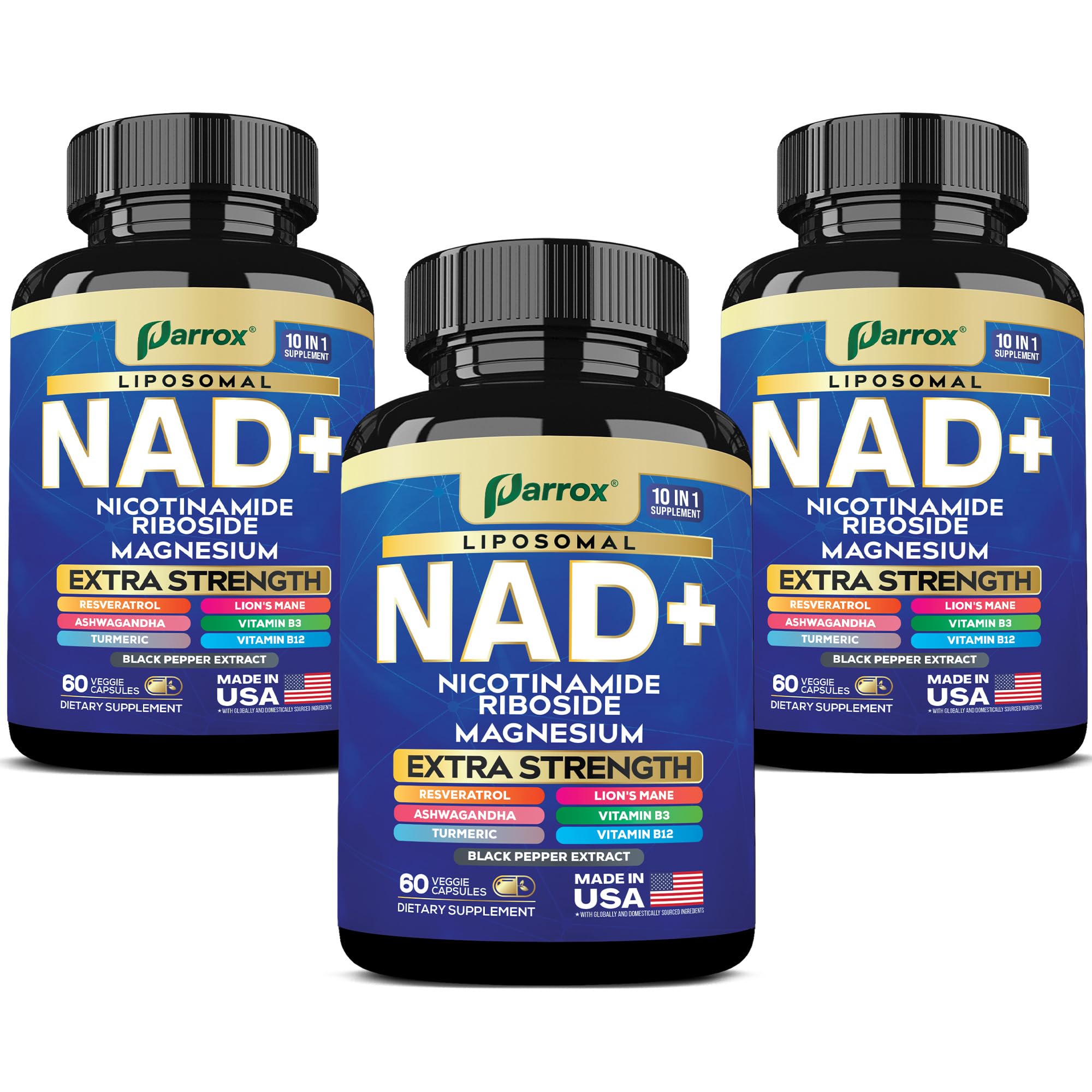 Parrox NAD+ Supplement with Liposomal NAD+ | 10-in-1 Extra Strength (3 Pack)