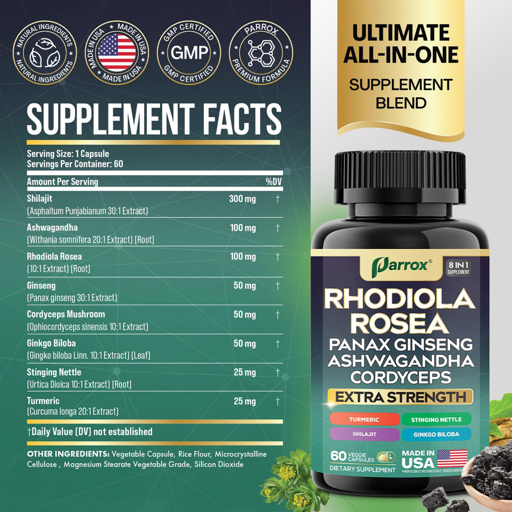 Parrox Rhodiola Rosea 8-in-1 Adaptogen Blend – 2 Pack | Panax Ginseng, Ashwagandha, Cordyceps, Turmeric