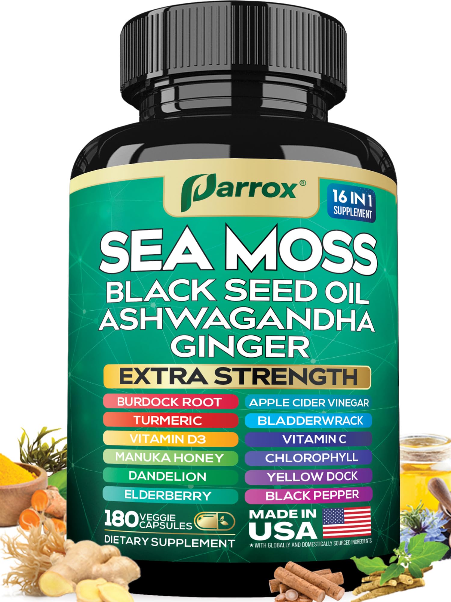 Parrox Sea Moss 16-in-1 Capsules – Sea Moss, Black Seed Oil & More (180 Caps)
