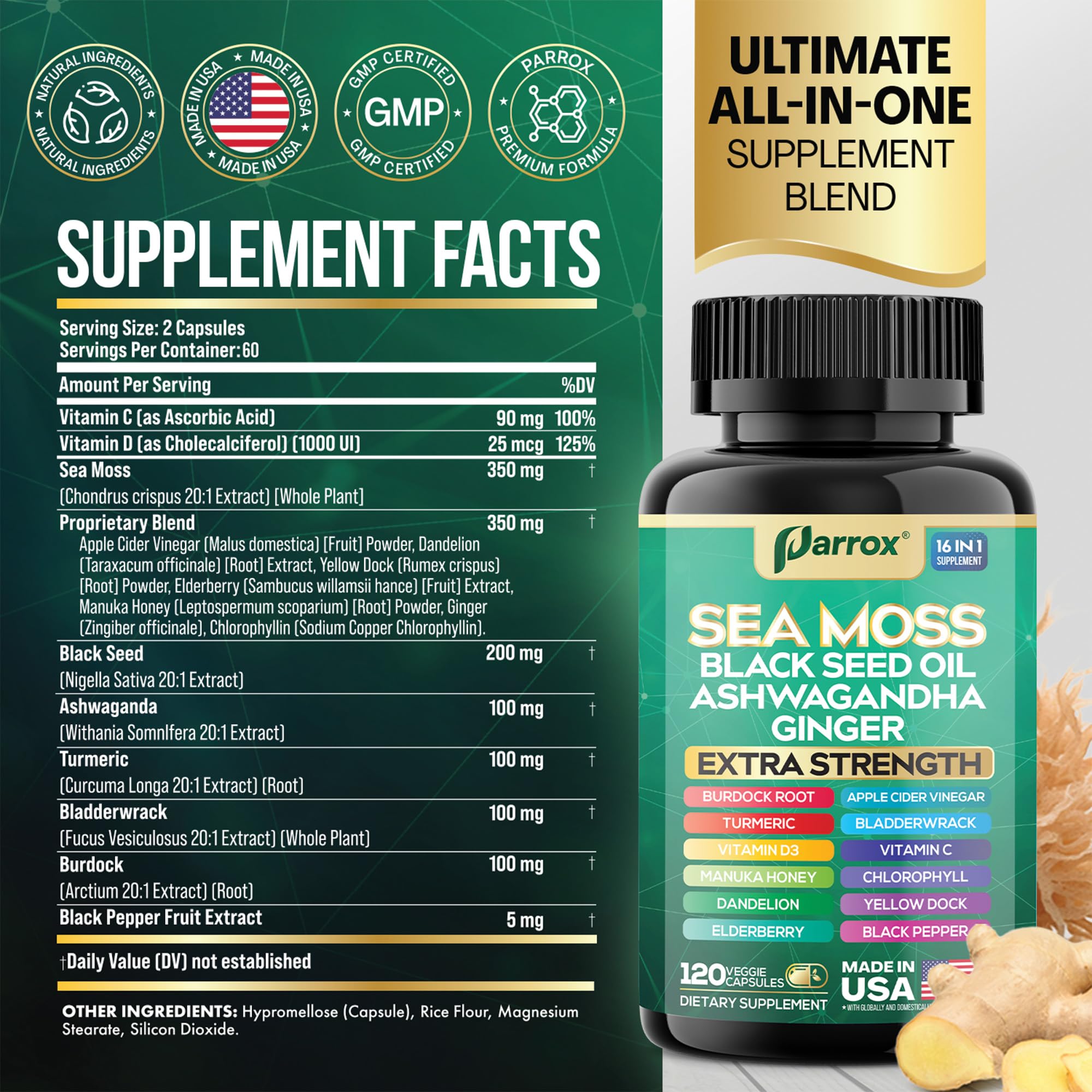 Parrox Sea Moss 16-in-1 Capsules (120 Caps) – Herbal Wellness with Sea Moss, Black Seed Oil, Ashwagandha & More