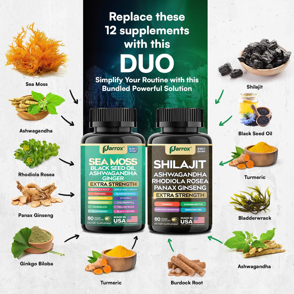 Parrox Dynamic Vitality Bundle (2 Pack) – Shilajit, Sea Moss 350mg & 22 Plant-Based Ingredients