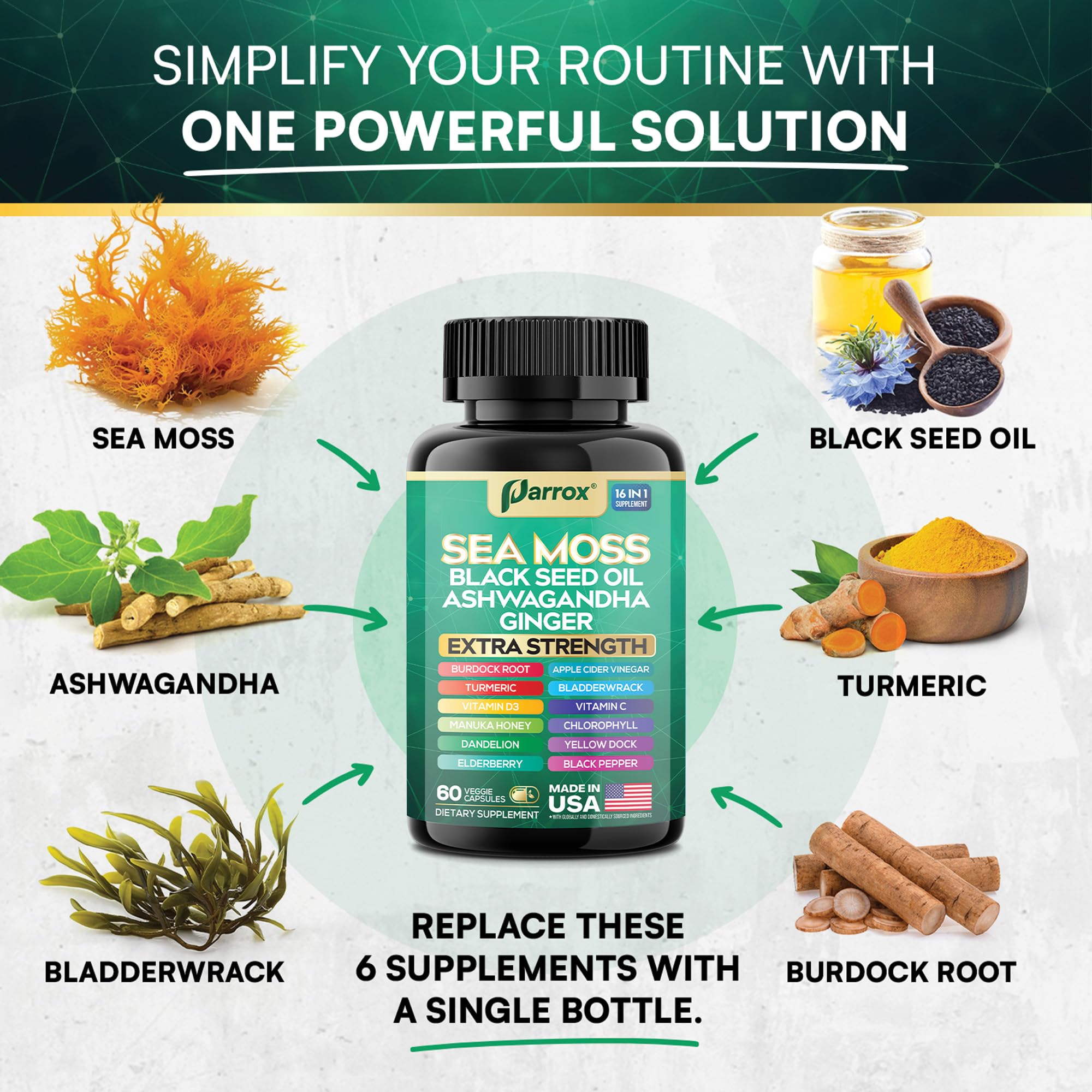 Parrox Sea Moss 16-in-1 Capsules (60 Caps) – Herbal Wellness Blend