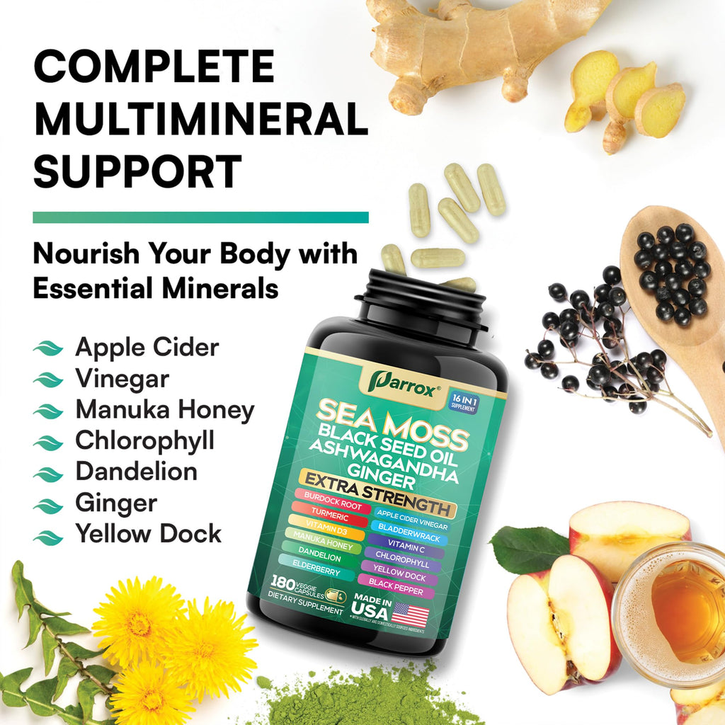 Parrox Sea Moss 16-in-1 Capsules – Sea Moss, Black Seed Oil & More (180 Caps)