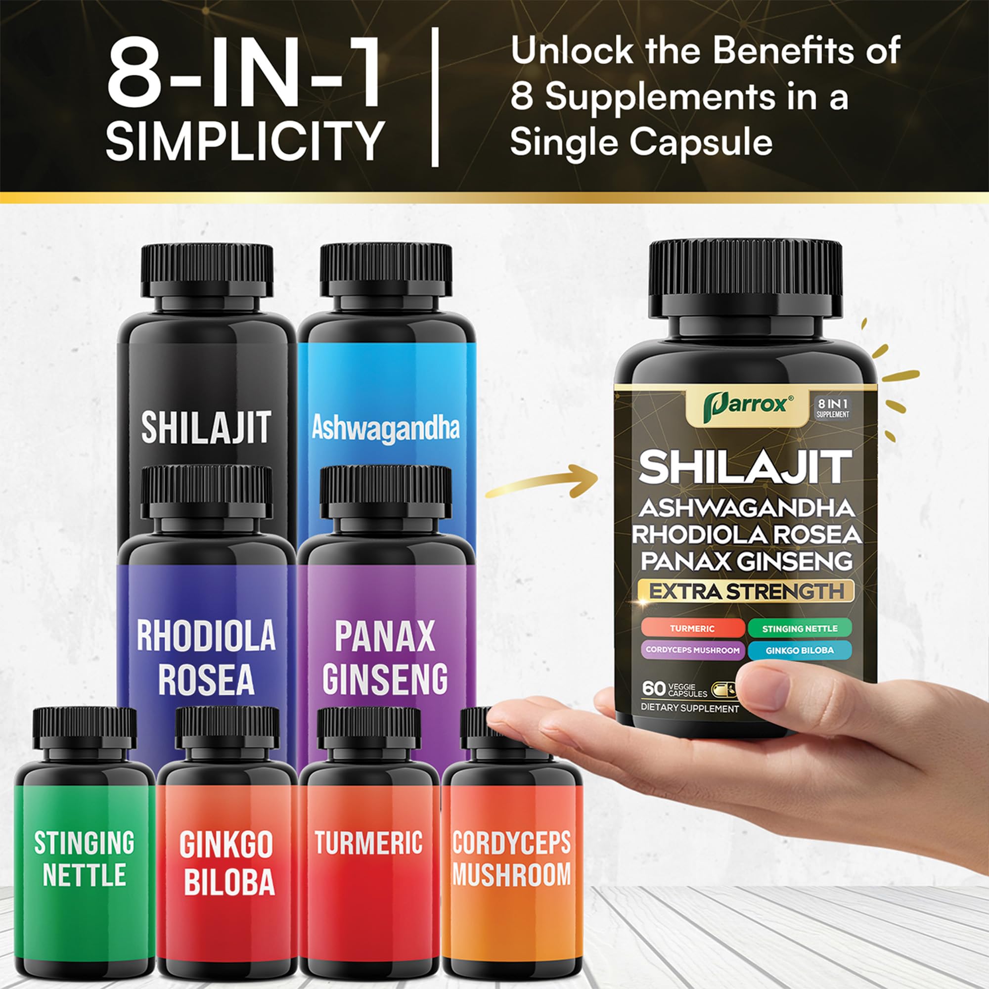 Parrox Shilajit Supplement – 8-in-1 All-in-One Capsules (60 Caps)