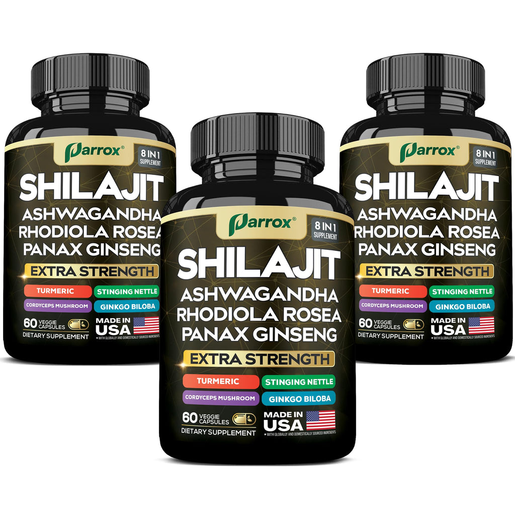 Parrox Shilajit 8-in-1 Supplement – 180 Caps | Shilajit, Ginseng, Ashwagandha, Rhodiola, Turmeric