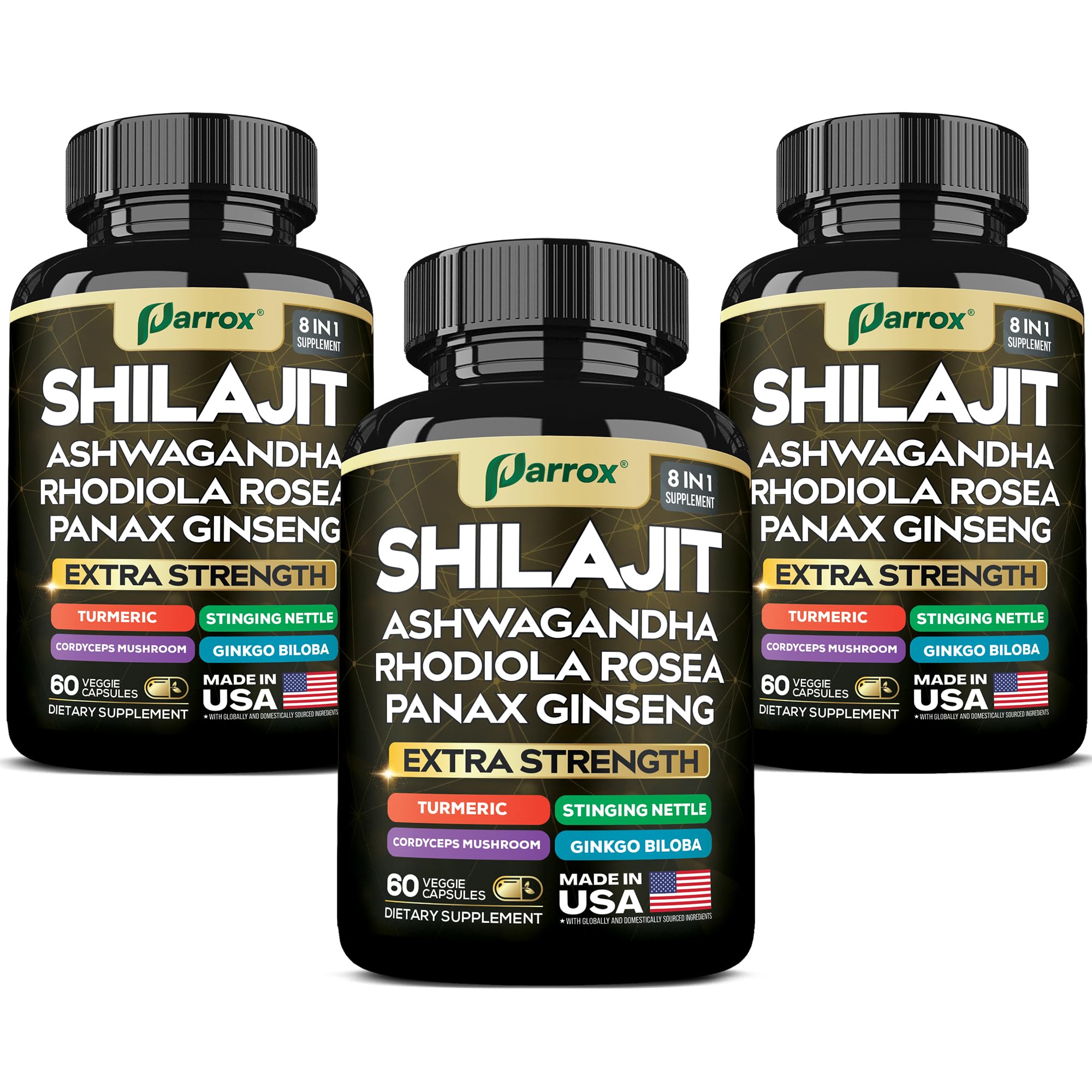 Parrox Shilajit 8-in-1 Supplement – 180 Caps | Shilajit, Ginseng, Ashwagandha, Rhodiola, Turmeric