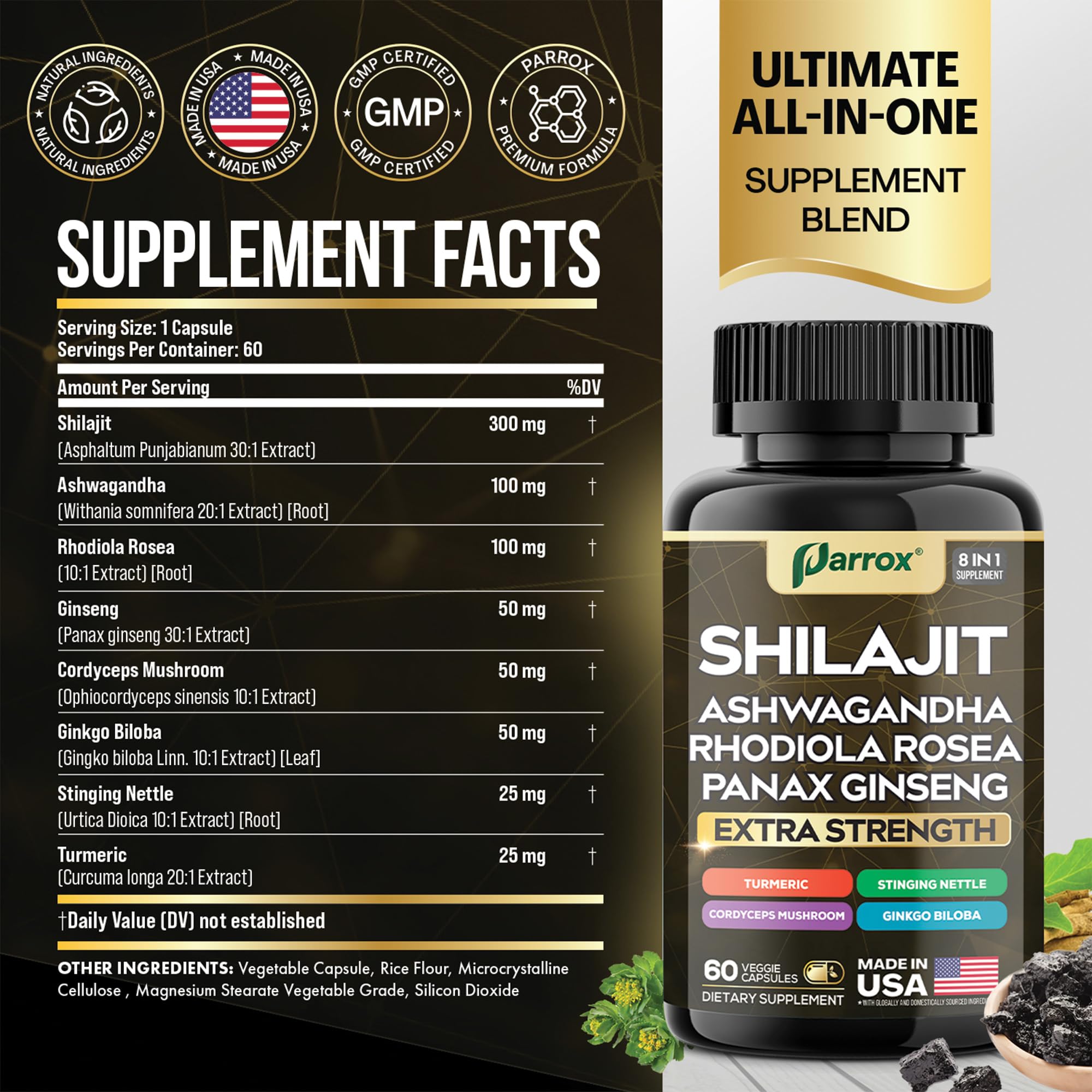 Parrox Shilajit 8-in-1 Supplement – 180 Caps | Shilajit, Ginseng, Ashwagandha, Rhodiola, Turmeric