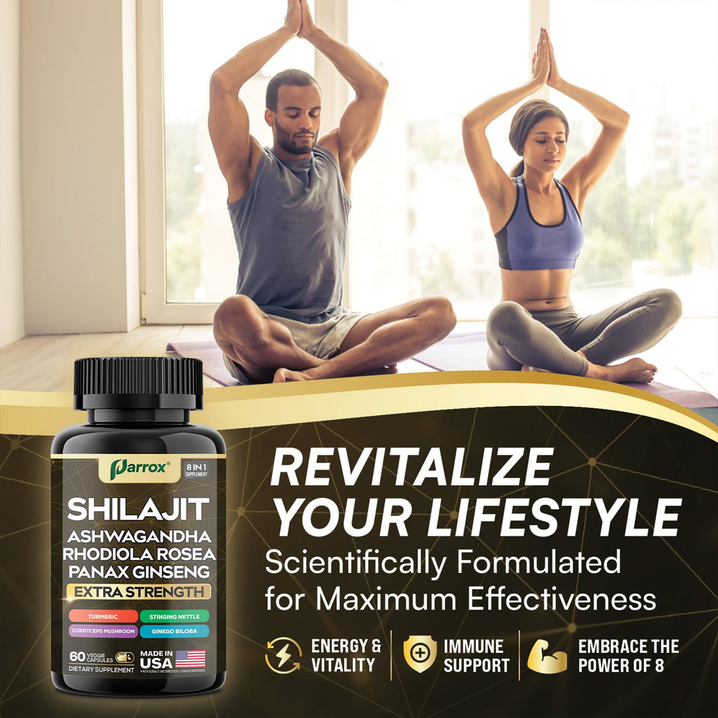 Parrox Shilajit 8-in-1 Supplement – 180 Caps | Shilajit, Ginseng, Ashwagandha, Rhodiola, Turmeric