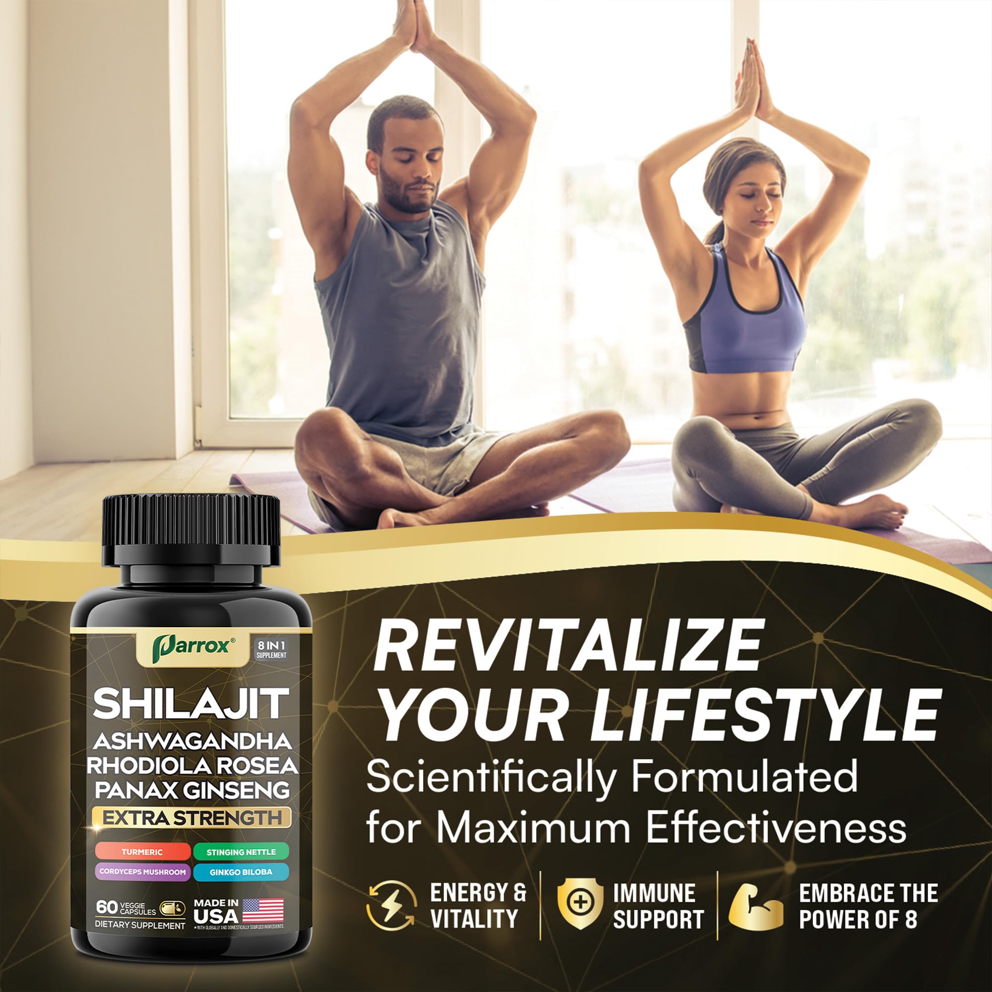 Parrox Shilajit 8-in-1 Supplement – 180 Caps | Shilajit, Ginseng, Ashwagandha, Rhodiola, Turmeric