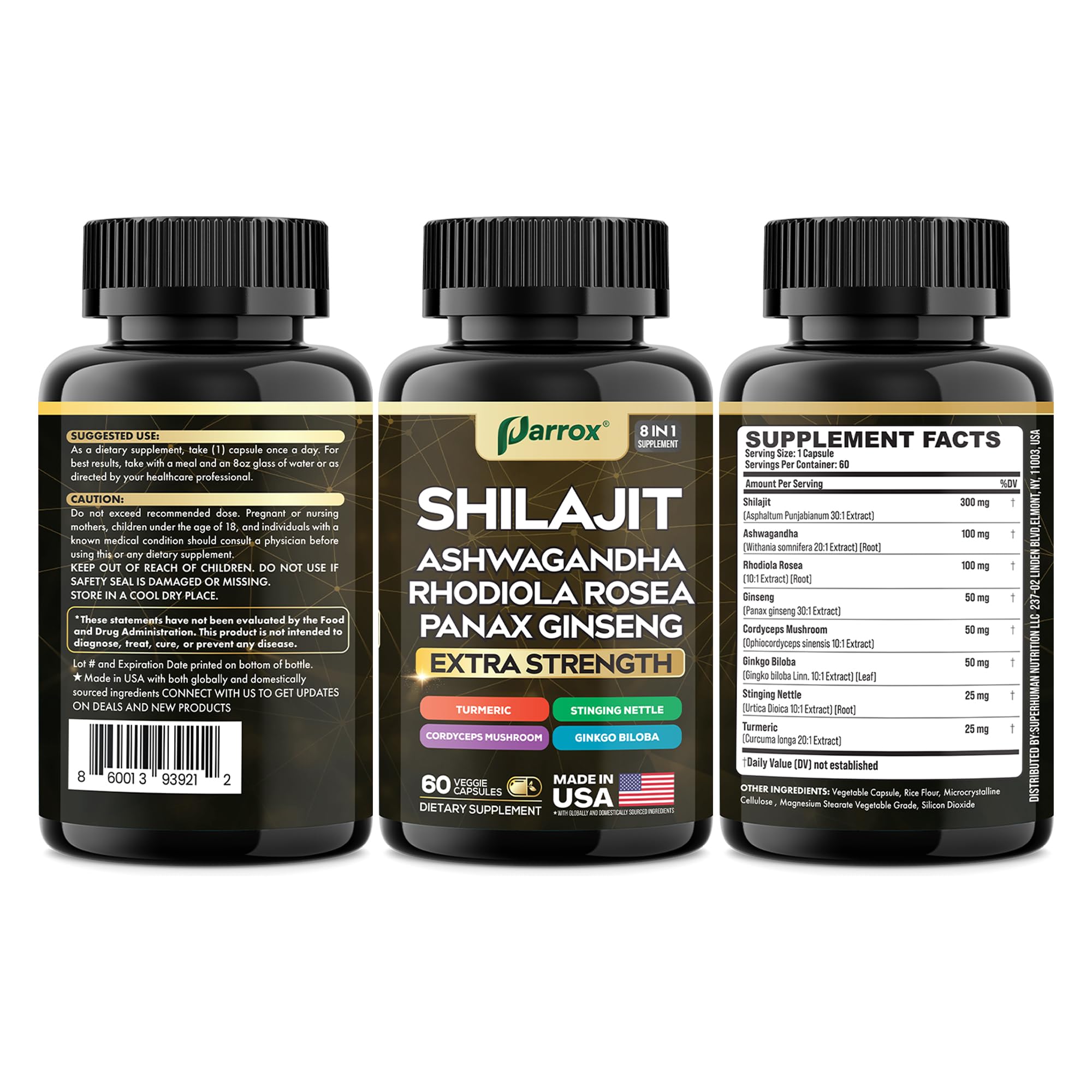 Parrox Shilajit 8-in-1 Supplement – 180 Caps | Shilajit, Ginseng, Ashwagandha, Rhodiola, Turmeric