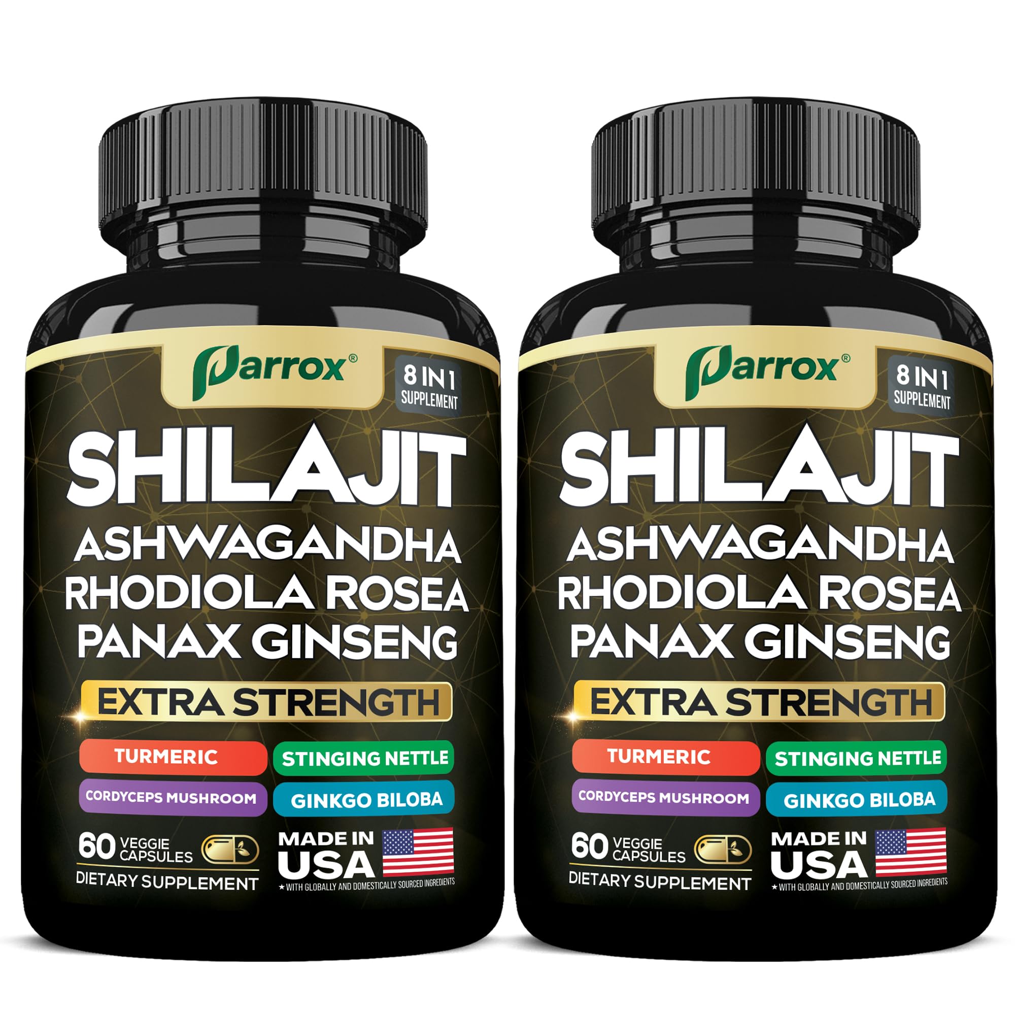Parrox Shilajit 8-in-1 Supplement – 120 Caps with Panax Ginseng, Ashwagandha, Rhodiola, Turmeric, Ginkgo Biloba, Cordyceps