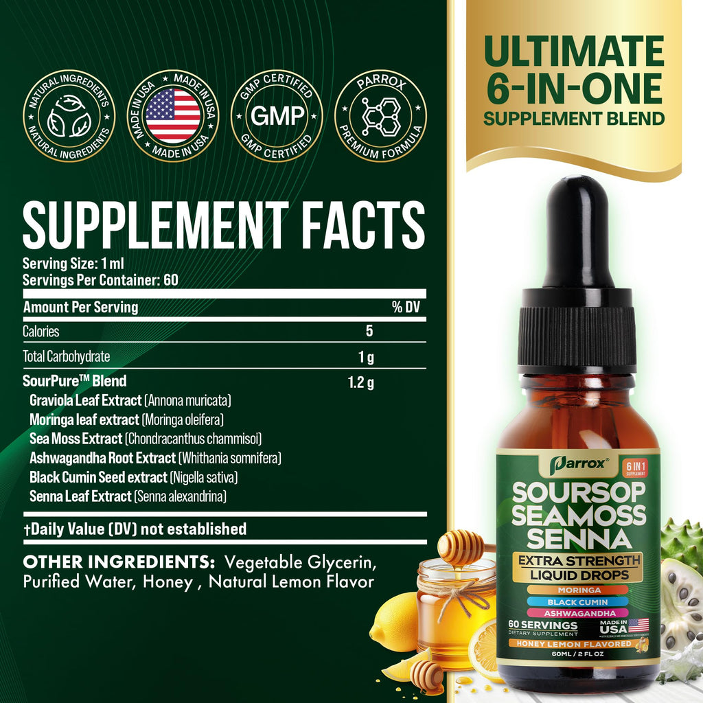 Parrox Soursop Seamoss Drops – 6-in-1 Liquid, Extra Strength, Honey Lemon, 60 Servings