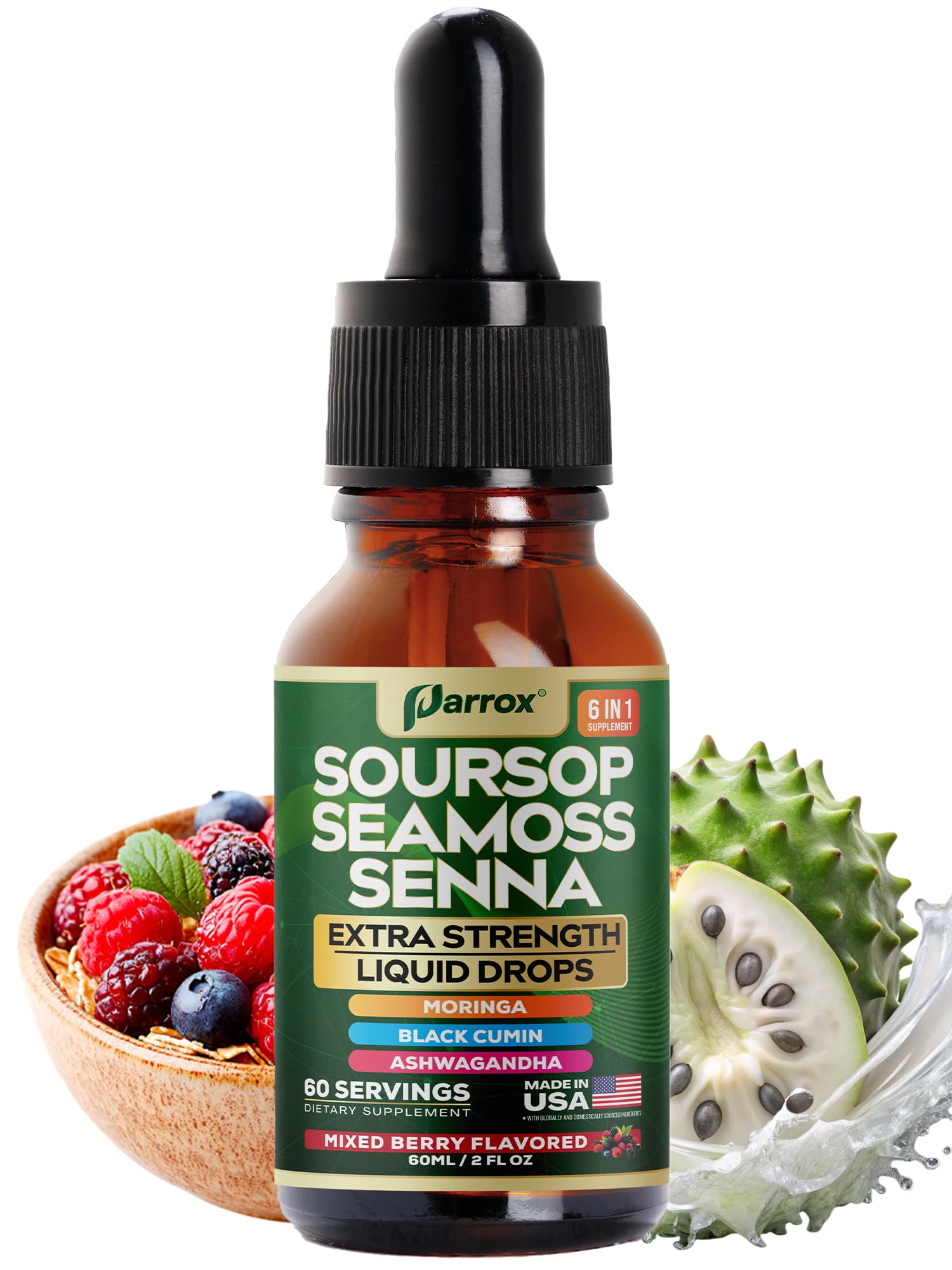 Parrox Soursop Seamoss Senna Liquid Drops – 6-in-1 Wellness, Mixed Berry, 60 Servings