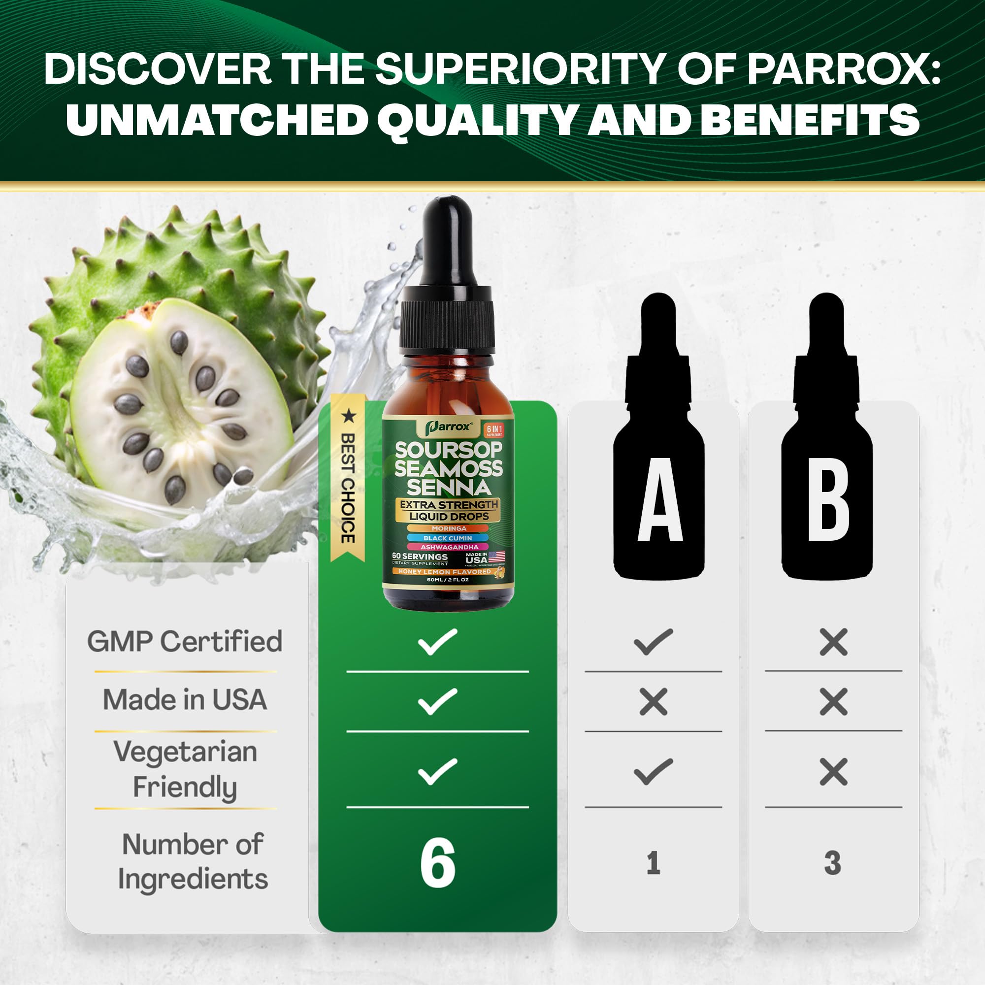 Parrox Soursop Seamoss Drops – 6-in-1 Liquid, Extra Strength, Honey Lemon, 60 Servings