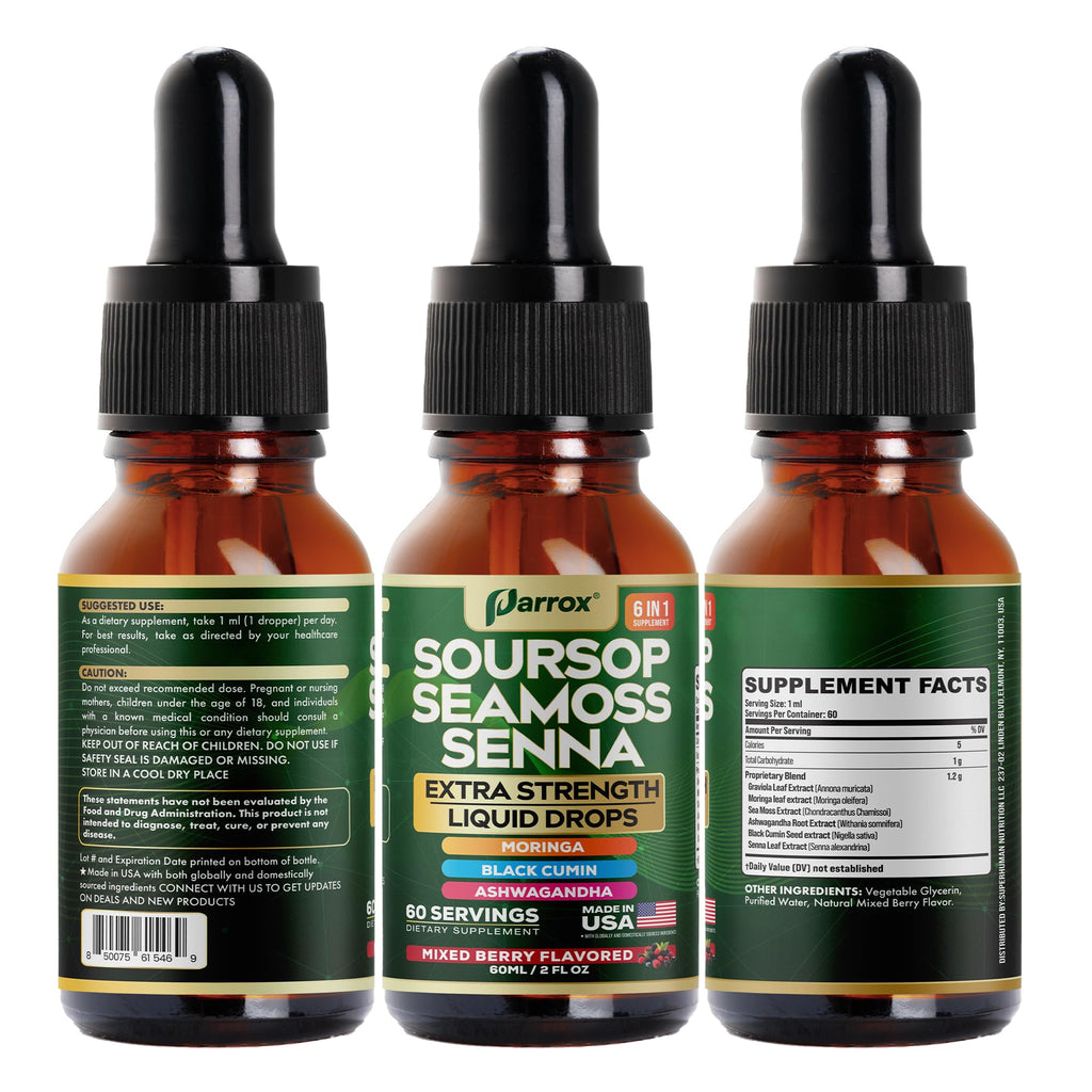Parrox Soursop Seamoss Senna Liquid Drops – 6-in-1 Wellness, Mixed Berry, 60 Servings