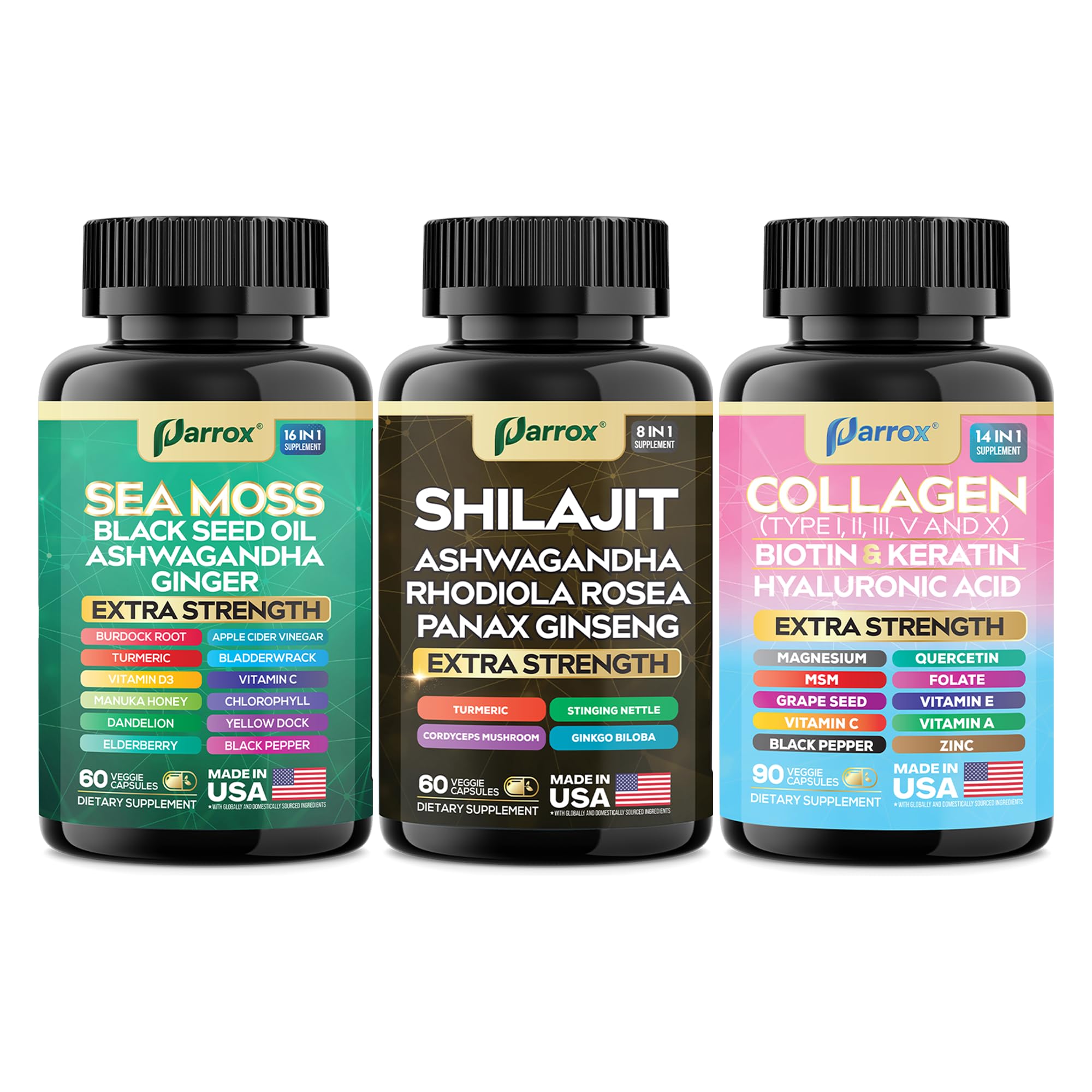 Parrox Ultimate Wellness Trio – Sea Moss, Black Seed Oil & Collagen | 3-in-1 Capsule Bundle