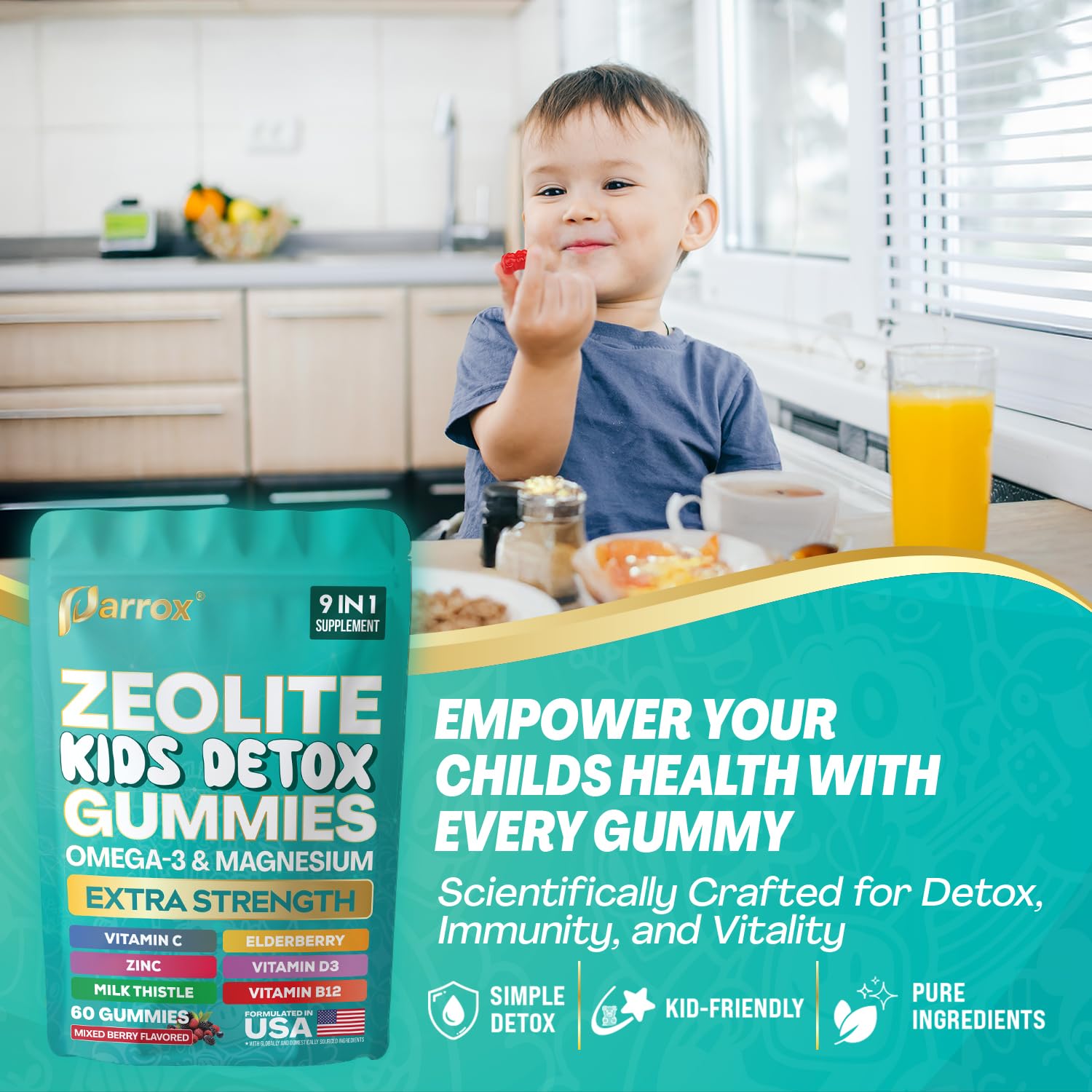 Parrox Zeolite Kids Gummies 9-in-1 – Sugar-Free Mixed Berry (60 Gummies)