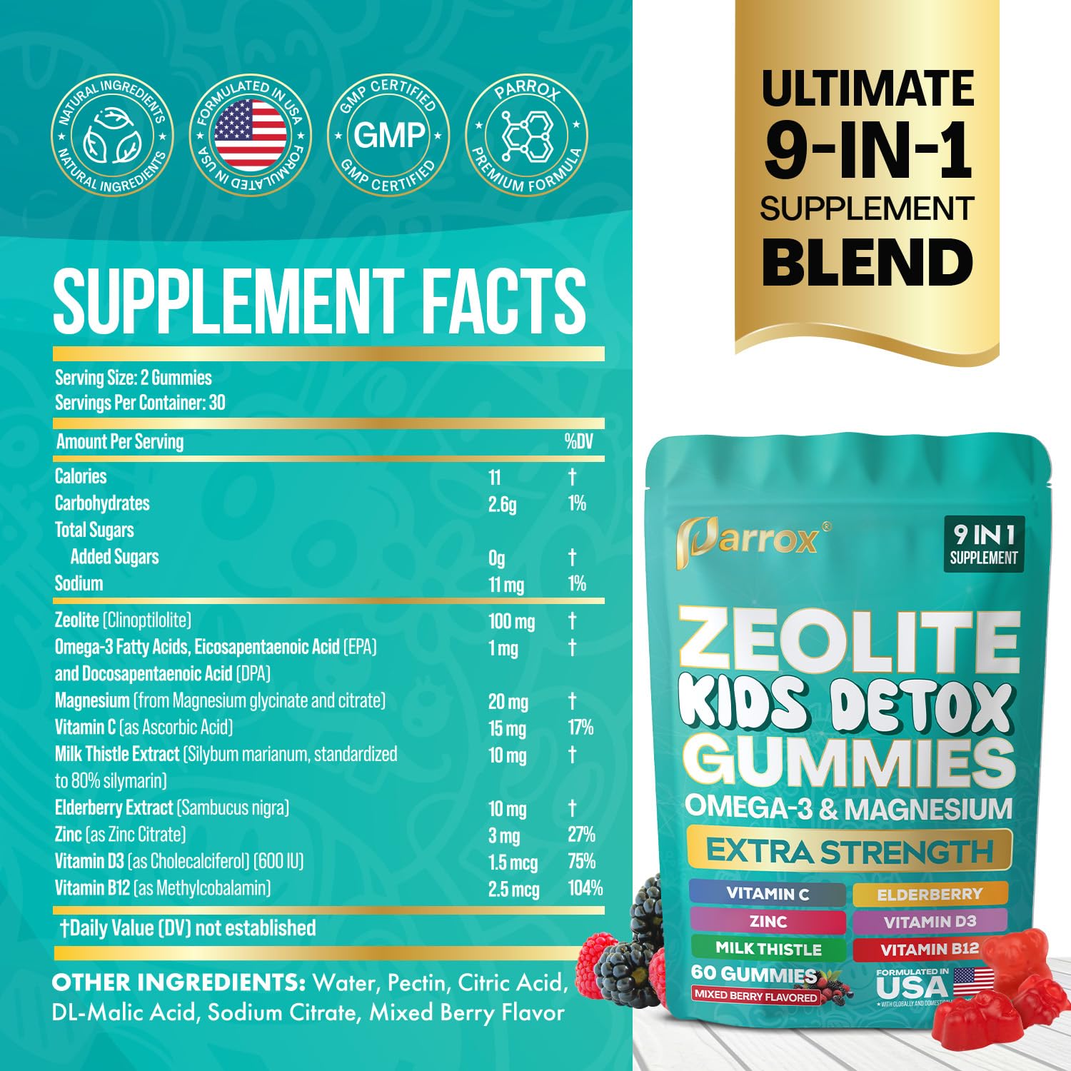 Parrox Zeolite Kids Gummies 9-in-1 – Sugar-Free Mixed Berry (60 Gummies)