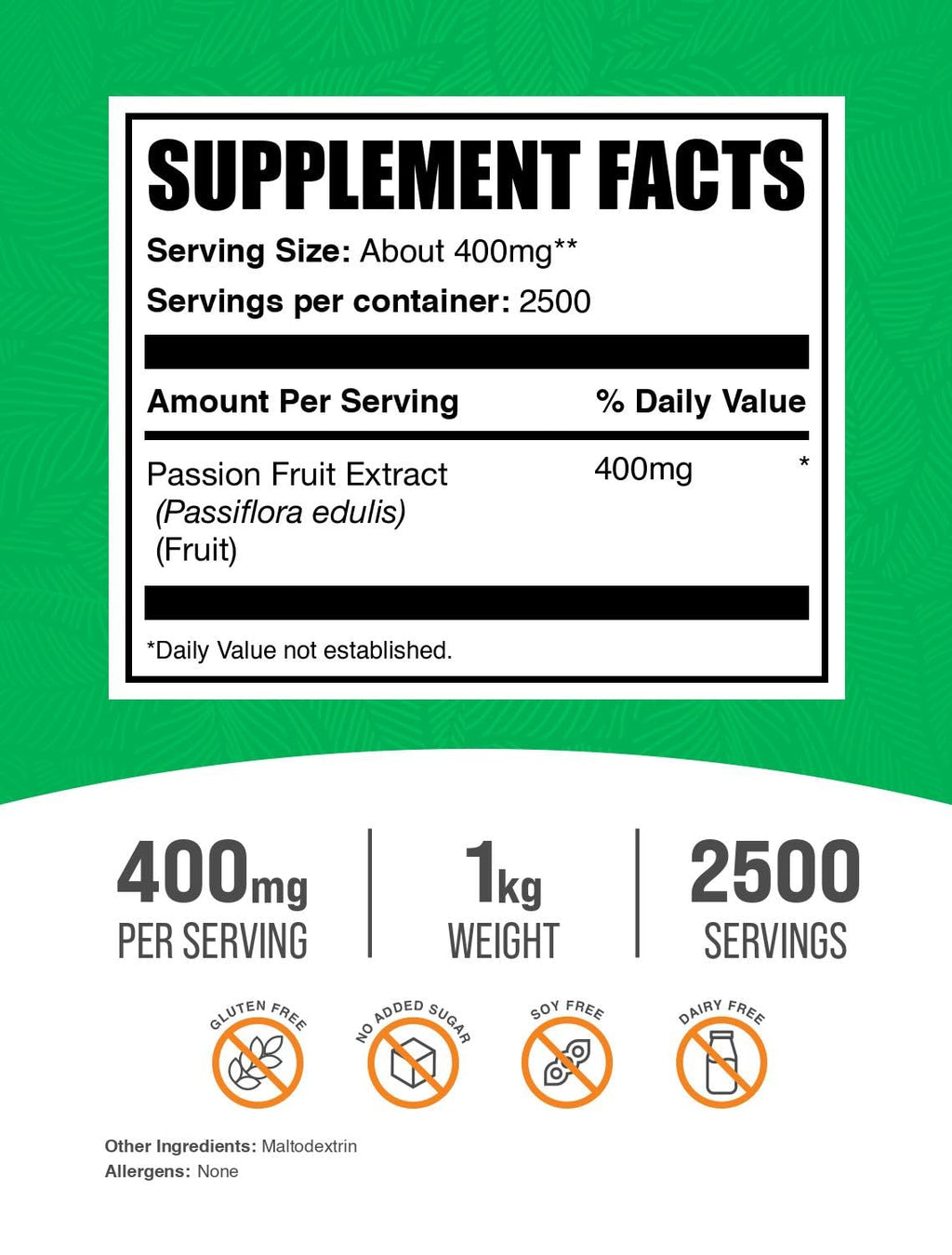 Passion Fruit Extract Powder 400mg/Serving – Gluten Free, No Added Sugar, 1kg | BulkSupplements