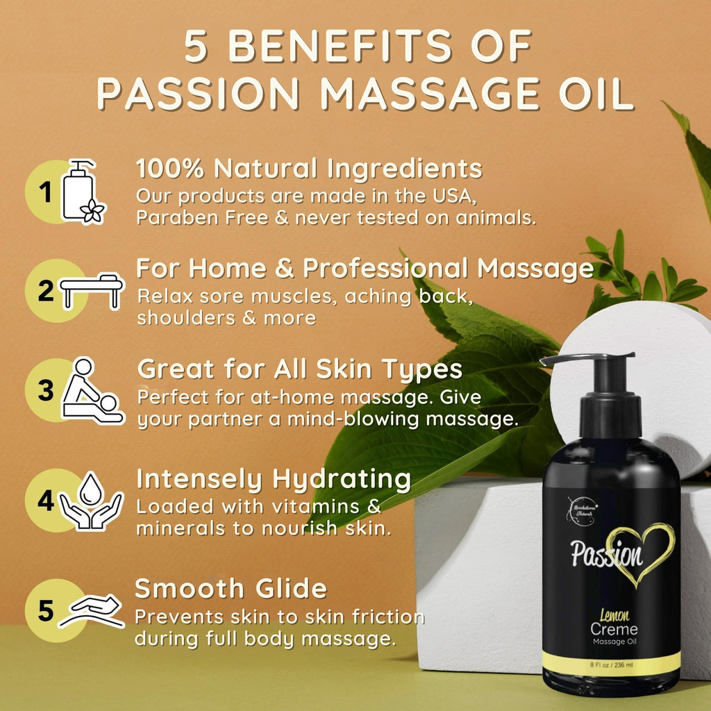 Passion Massage Oil – 100% Natural Body Oil for Couples | Jojoba, Almond & Grapeseed | Lemon Crème