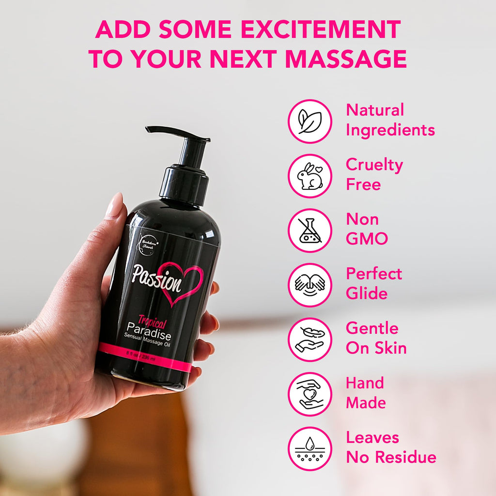 Passion Sensual Massage Oil for Date Night | 100% Natural Body Oil for Couples with Jojoba & Almond | Aromatherapy & Relaxing Massage Therapy | Perfect Glide & Smooth Skin | Tropical Paradise Scent
