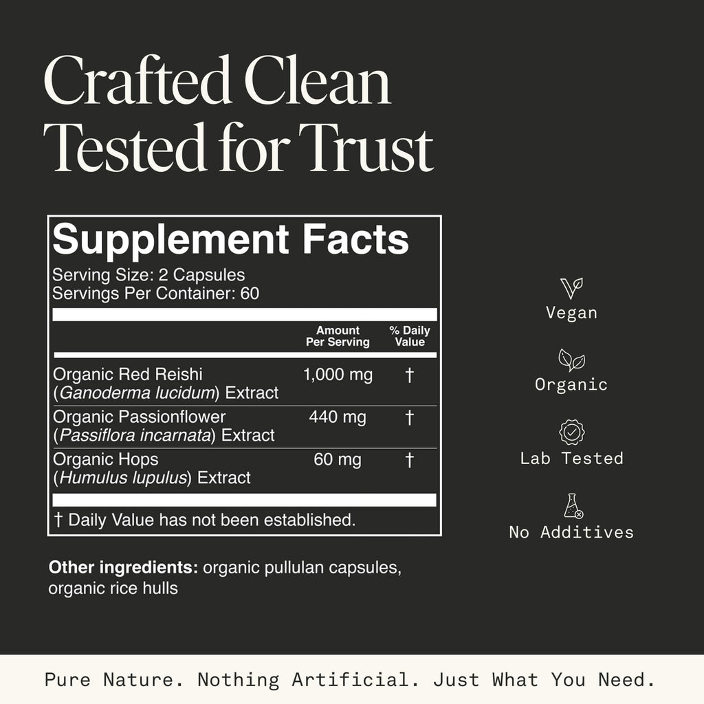Mushroom Sleep Supplement — Reishi, Passionflower & Hops | 100% USDA Organic, Vegan, 120 Caps